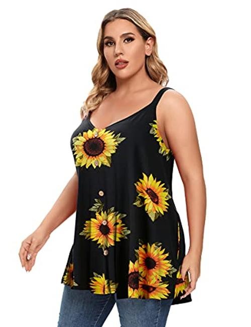 Plus Size Camisole V Neck Button Cami Tank Tops Women’s 2X Black Sunflower