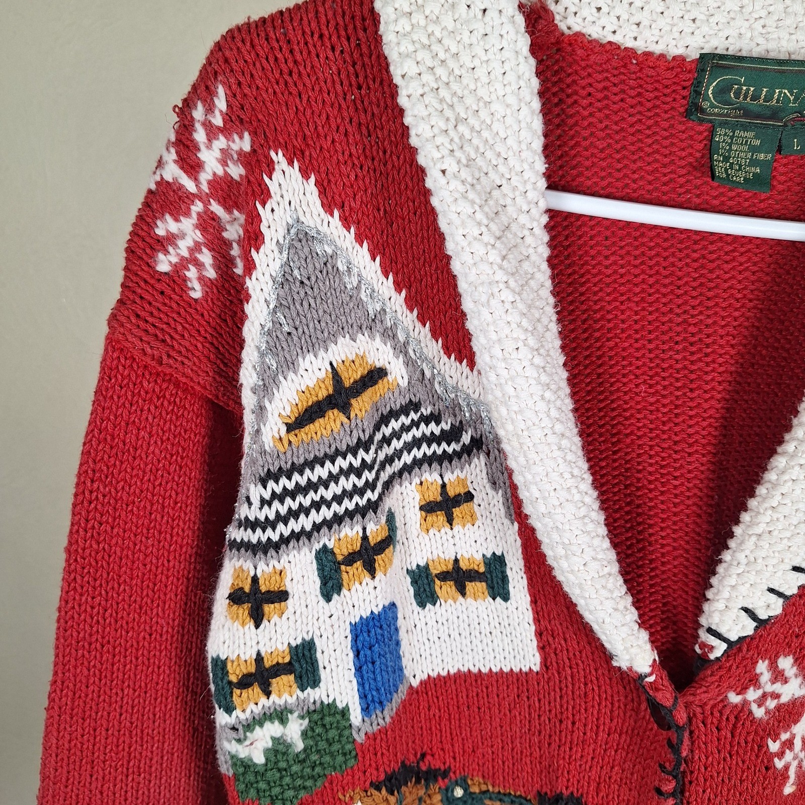 Cullinane Vintage Hand Knit Christmas Cardigan Shawl Collar 3D Whipstitch L