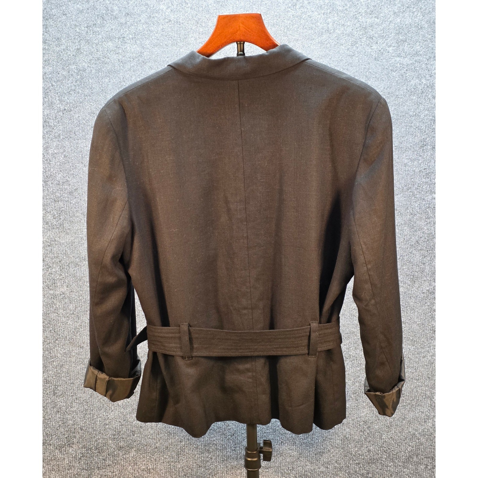 Stanley Blacker Safari Jacket Women 10 Black Excellent VTG Belted Linen Blend