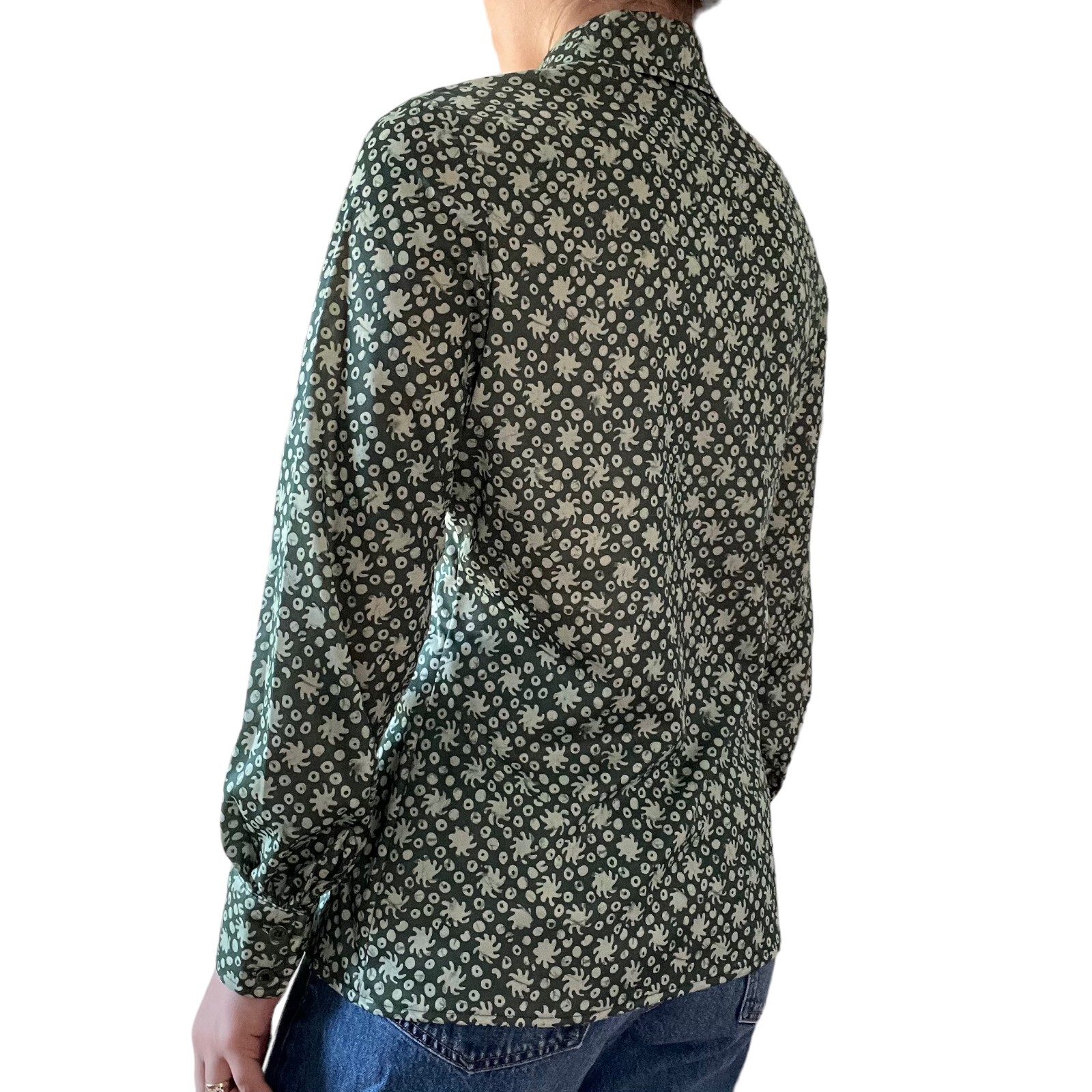 Vintage 1970s Womens Neusteters Green Retro Disco Collar Psychedelic Blouse Sz M