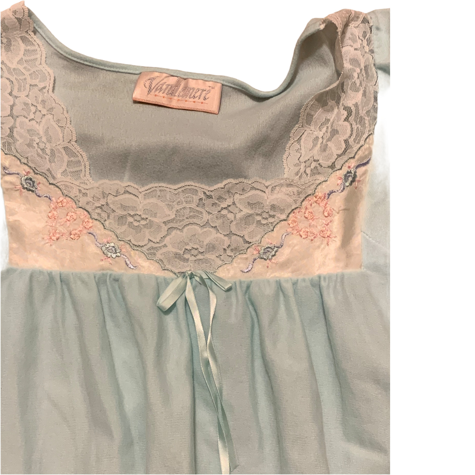 Vtg Vandemere Womens Long Nightgown M Blue Embroidered Flowers Medium Lace Bow