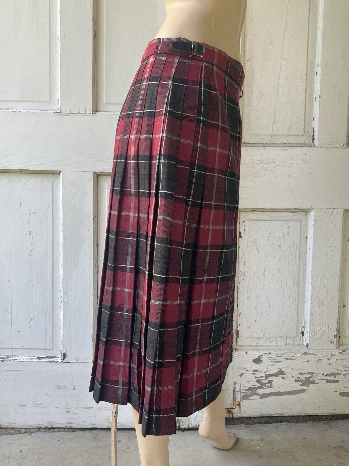 Vintage 80s Wool Kilt Skirt Pleated Buckle Back Wrap Plaid Black Red Gray Tartan