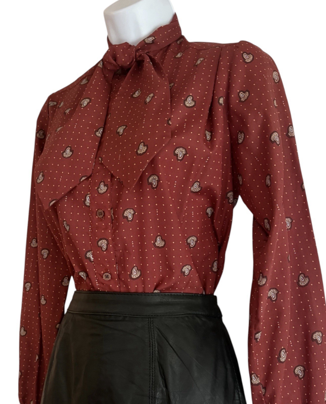 Vintage Evan Picone Secretary Blouse 80s Rust Paisley Bow Tie Blouse M