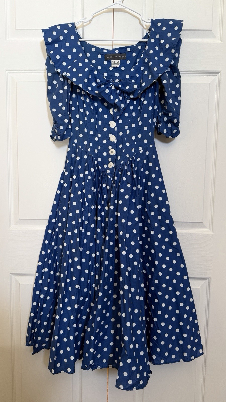 Vintage Karen Alexander 80s Blue Polka Dot Cotton Full Sweep Dress Size 8