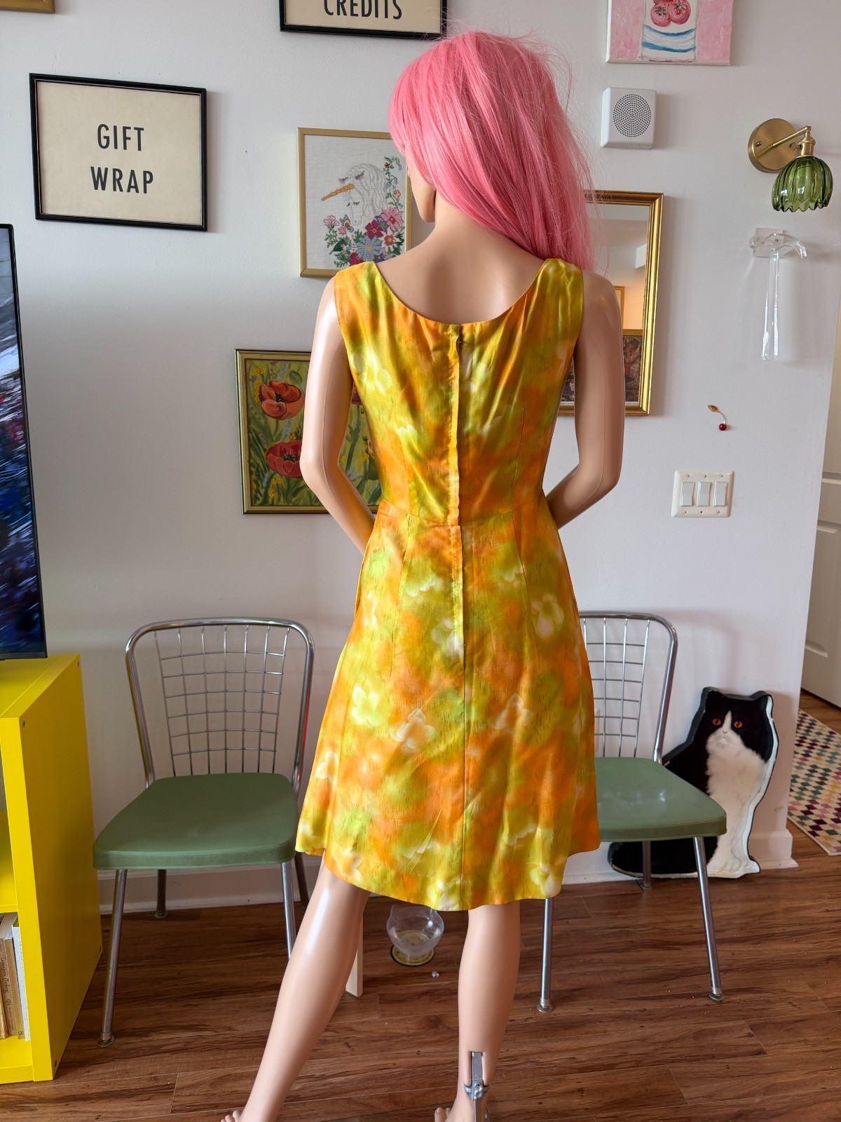 🍊 Vtg 50s Silk Citrus Atomic Floral Side Pleat Structure Cocktail Dress M