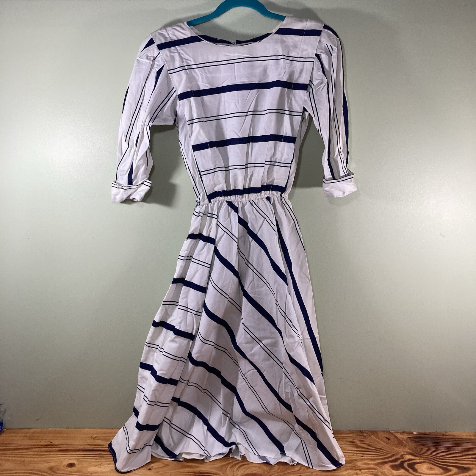 Vintage Choon California Dress 100% Cotton White w/ Stripes 3/4 Sleeve Size 7/8