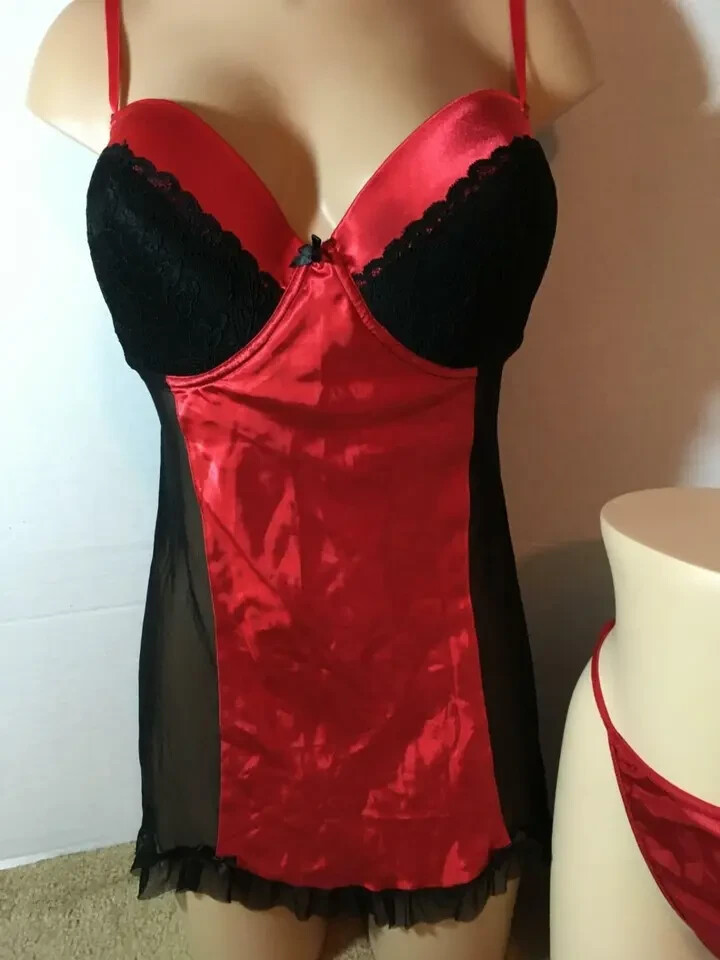 Vtg XL Red SATIN PADDED Babydoll Nightgown &G-STRING PANTY Set Lot 40 Lace Mesh