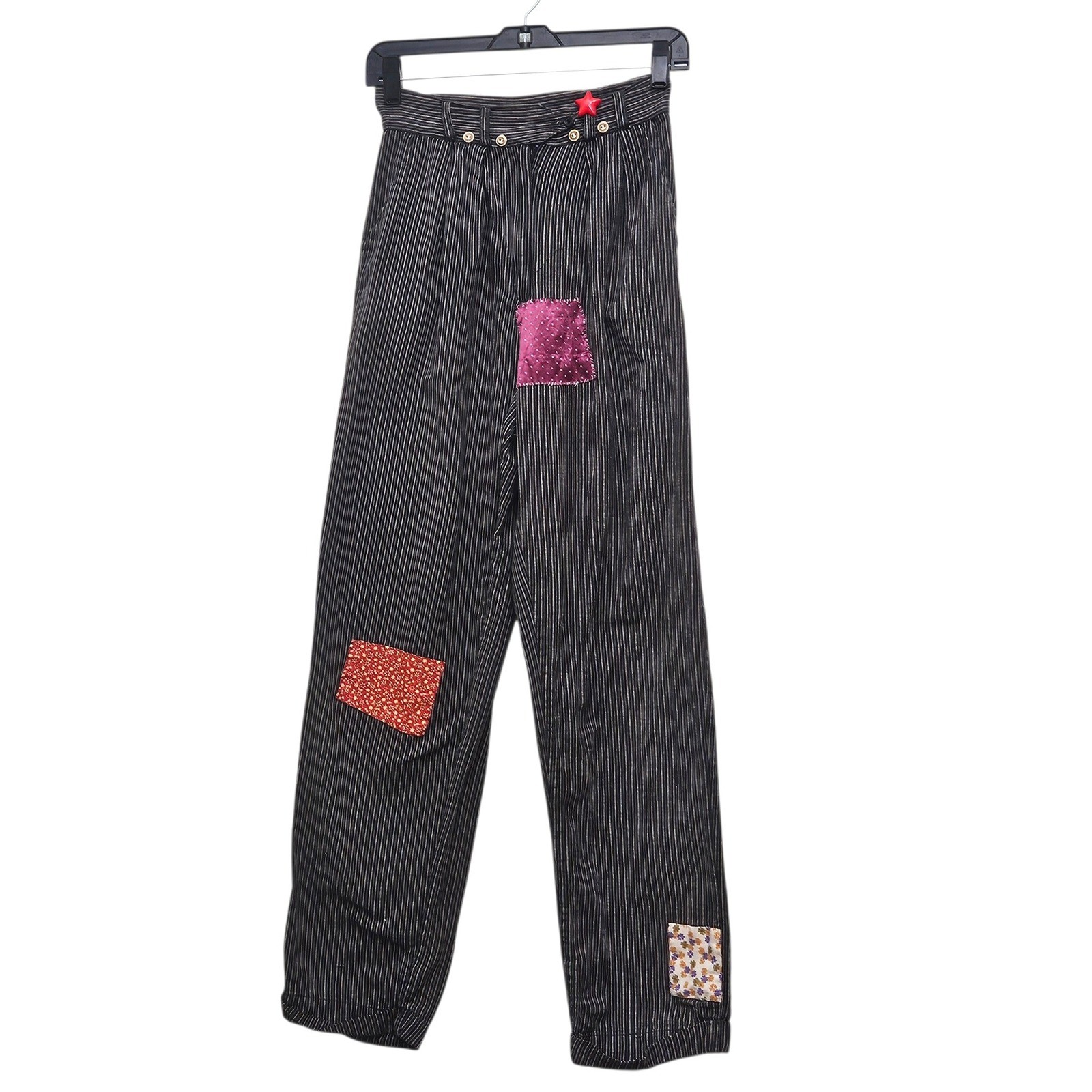 Vintage Terra International Patchwork Pants S Black Pinstripe Art Boho Eclectic