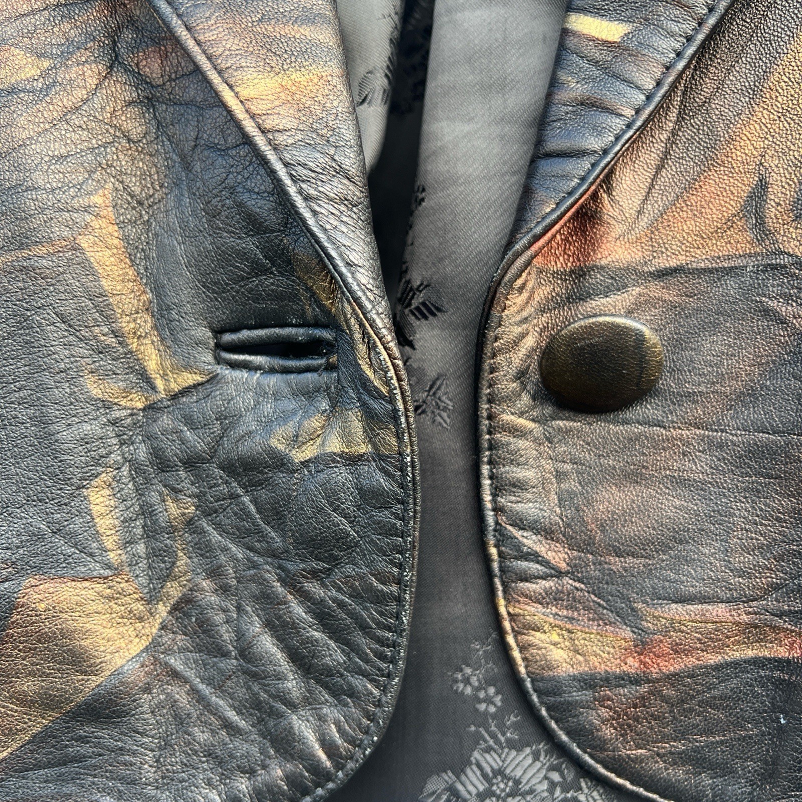 Vtg Leather Jacket Vural Styled By Erica Nef,Brown Gold, Abstract Leaf Pattern M