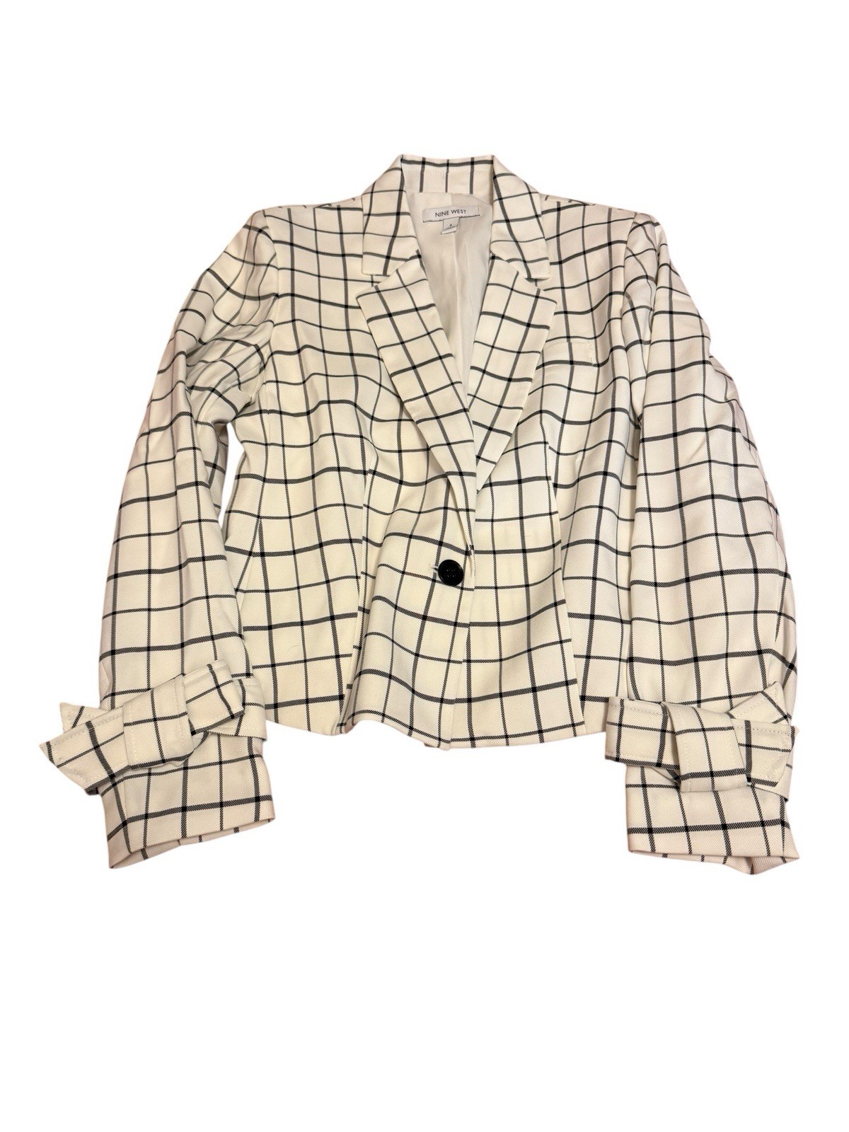 Vintage Nine West Bow Sleeve Notched collar one button Blazer white plaid Sz 4
