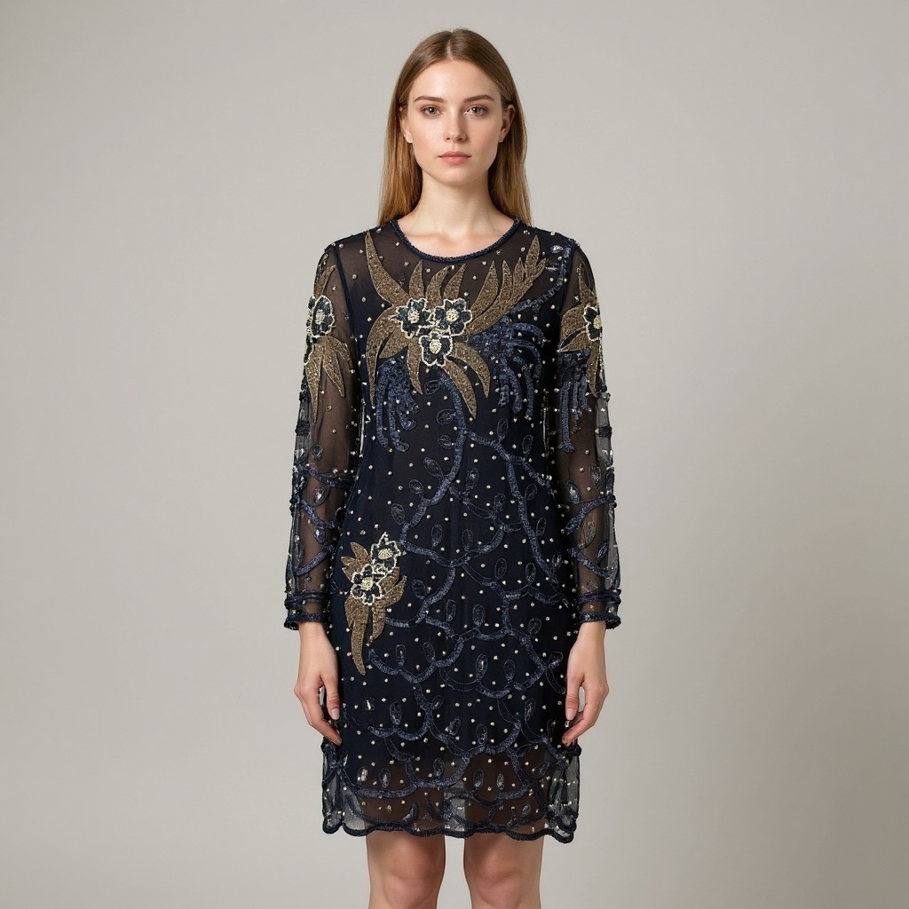 Vintage Janine Black Beaded Silk Sequin Floral Mesh Cocktail Dress Pearl 80’s M