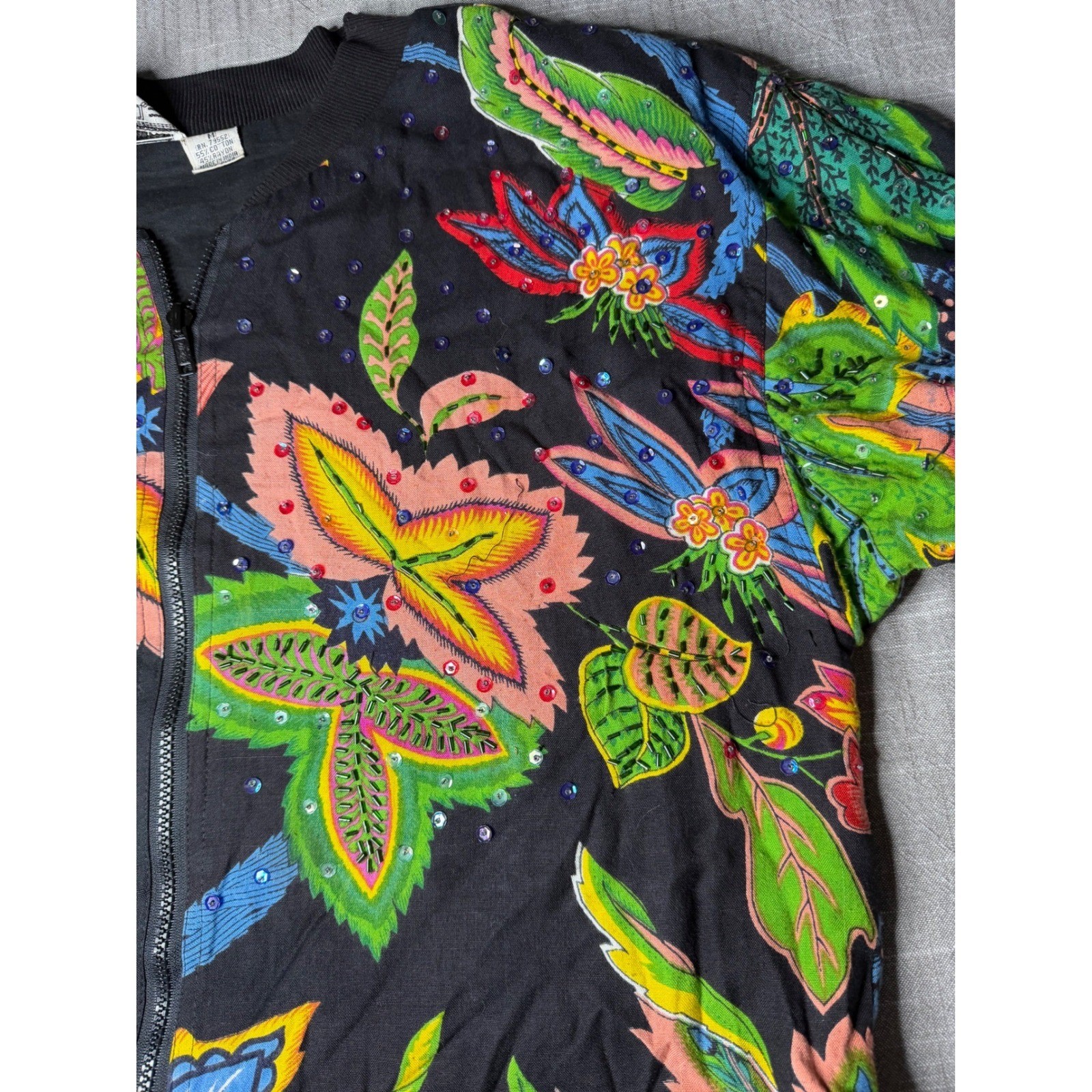 Speed Limit MPH Vintage Floral Sequin Beaded Crop Bomber Jacket Black Medium
