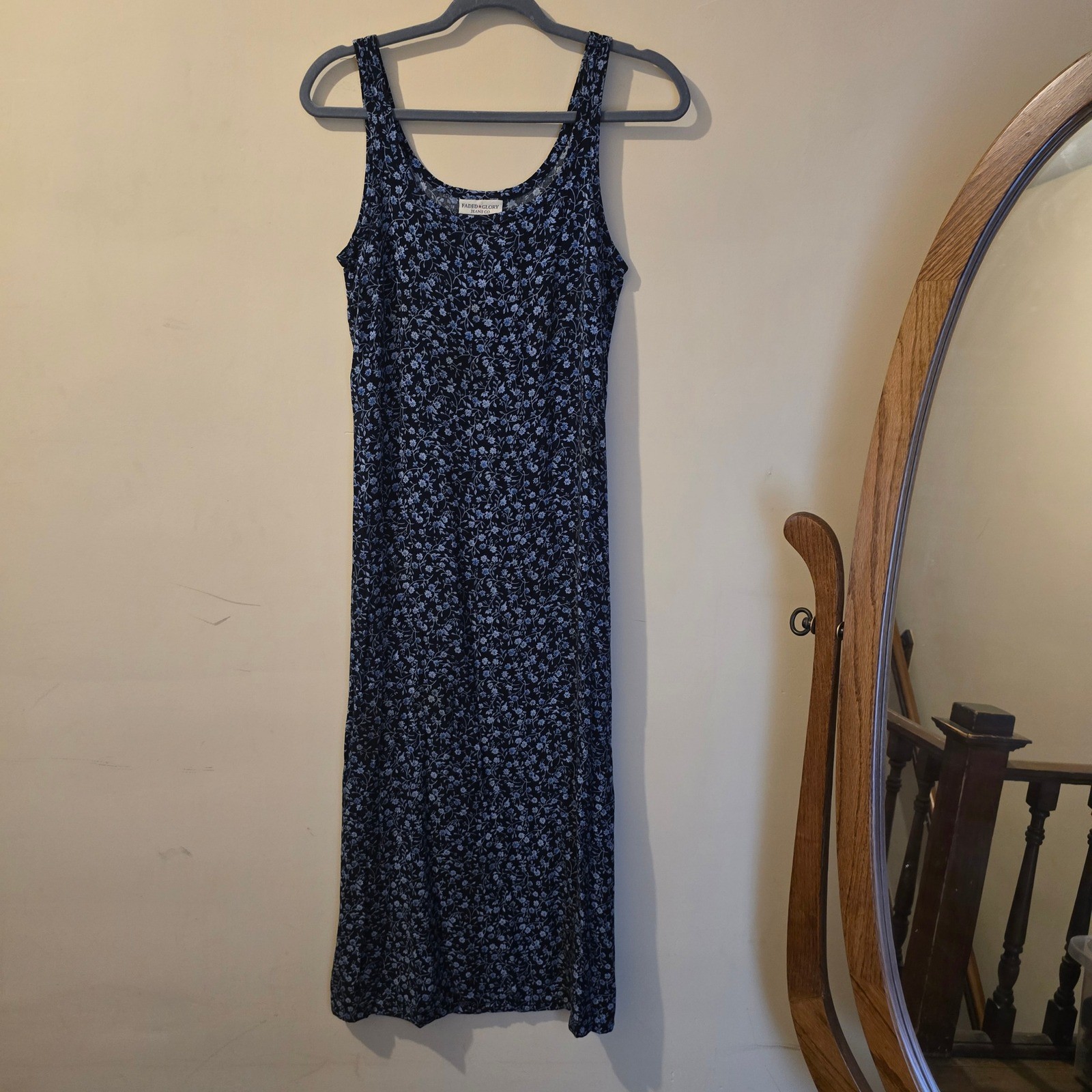 Faded Glory Vintage 90s Floral Rayon Sleeveless Midi Dress Blue Medium FG2182A
