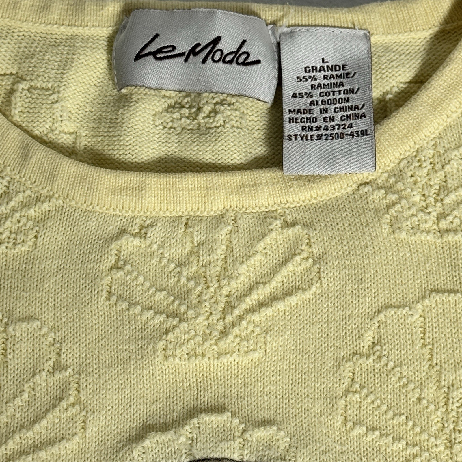 Vintage La Moda Cotton Ramie Textured Shell Motif Knit SS Sweater Yellow Sz L