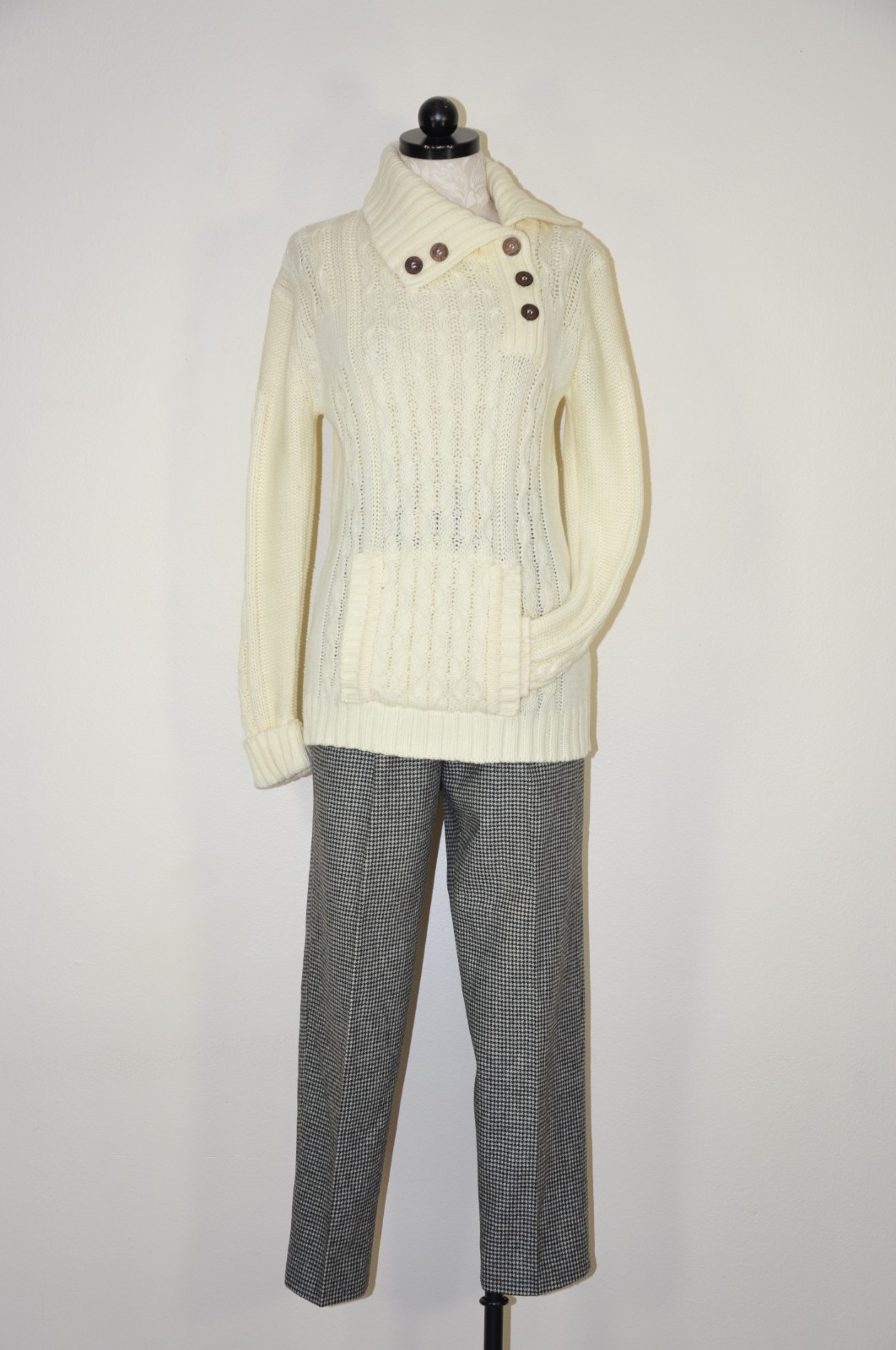 70s Vintage Cream Chunky Cable Knit Buttons Turtleneck Fisherman Sweater Women S