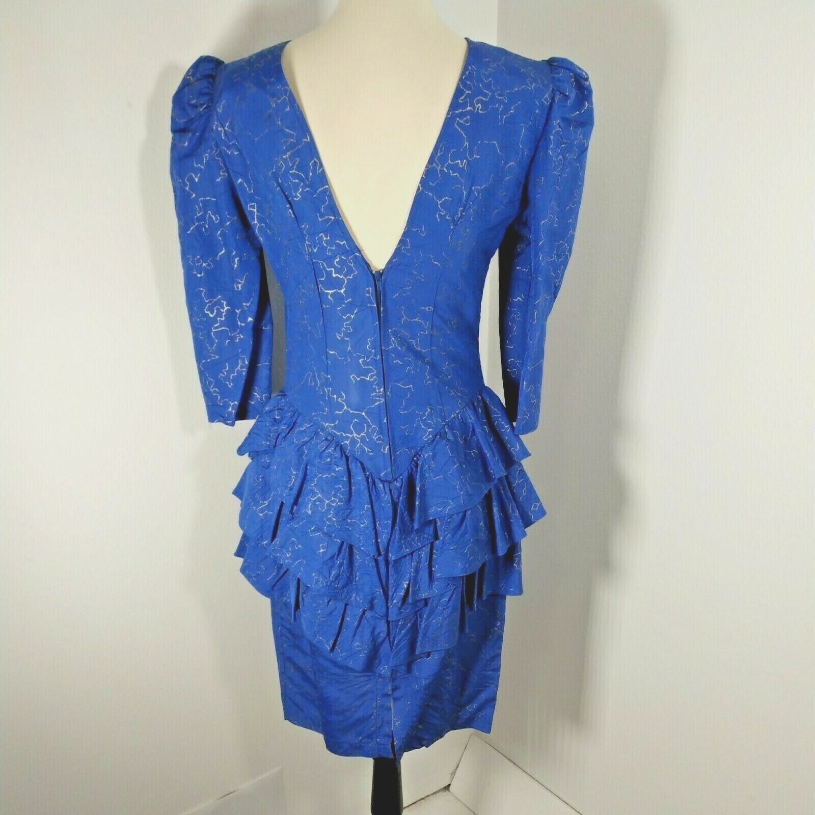 CREME Midi Dress Womens 7 Midi Blue Gold Puffy Sleeve Ruffles 80’s True Vintage