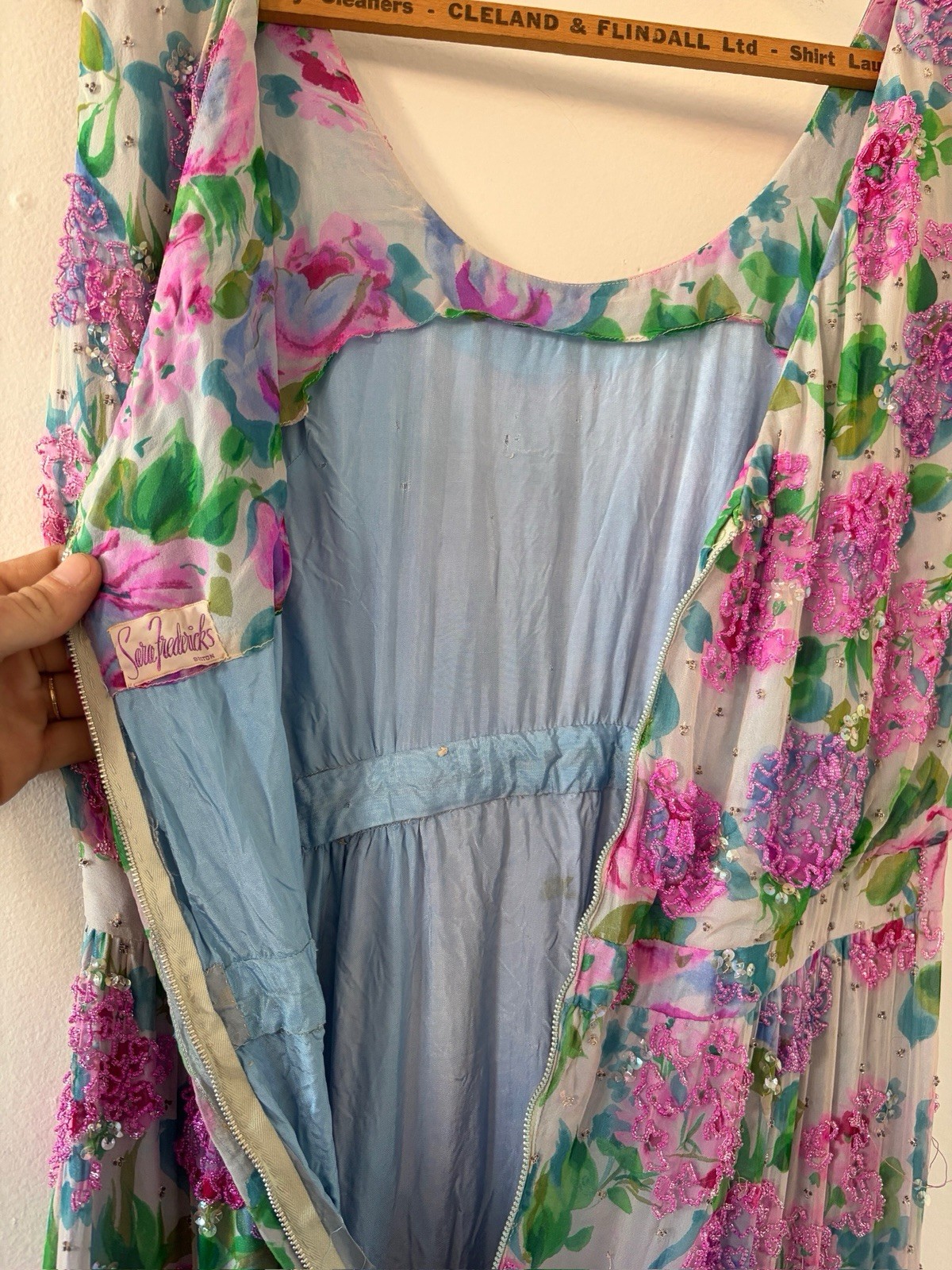 Vintage 1950s 60s Rare Designer Sara Fredericks Hand Beaded Chiffon Evening Gown