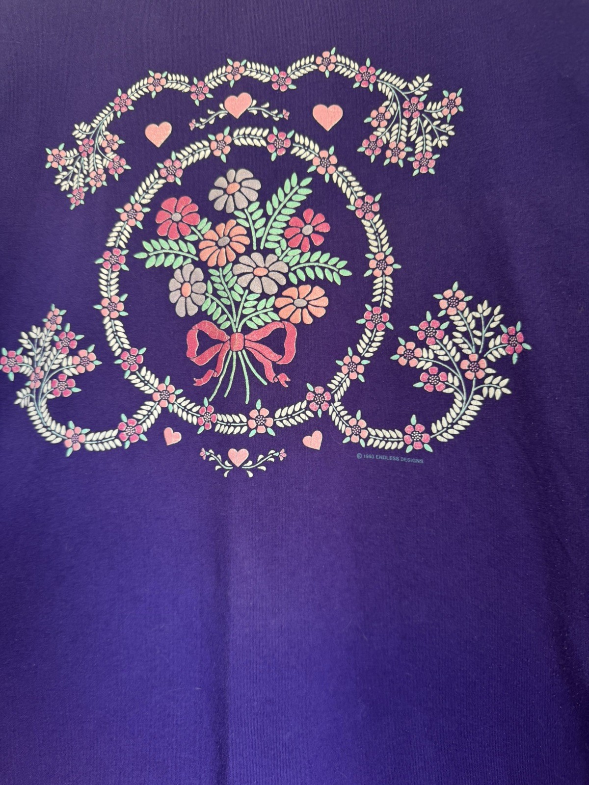 Vintage 90s Endless Designs Cottage Core Floral Heart Bouquet T-Shirt Purple L