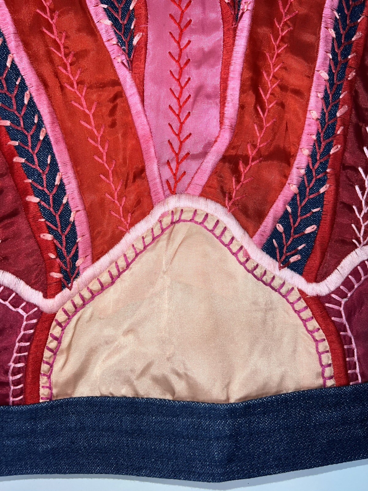 Vtg Judith Roberts La Coleccion Fiber Art Denim Kimono Coat Satin Snake Plants L