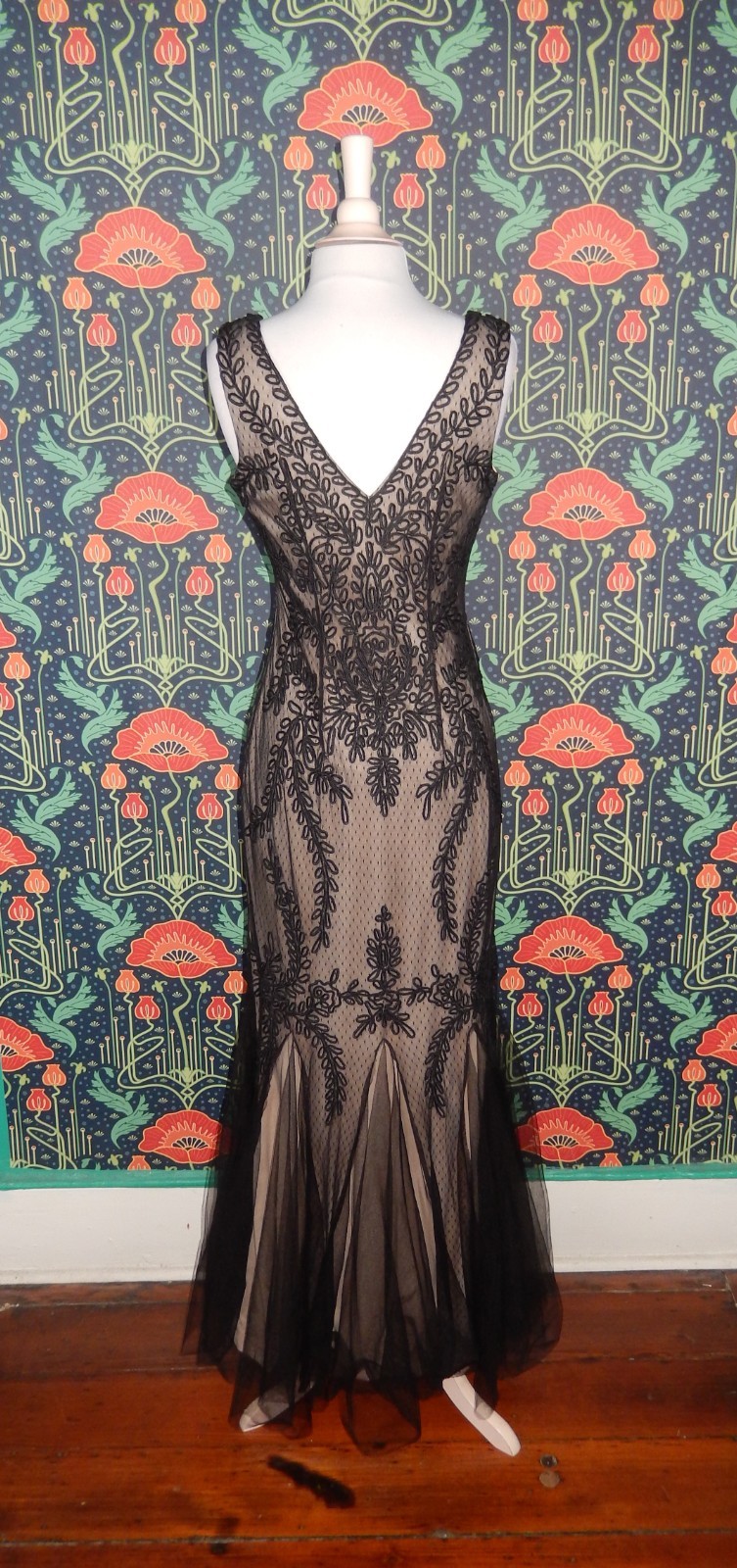 Vintage Y2K Black Beige Prom Soutache Mesh Lace Formal Tulle Trumpet Dress Gown
