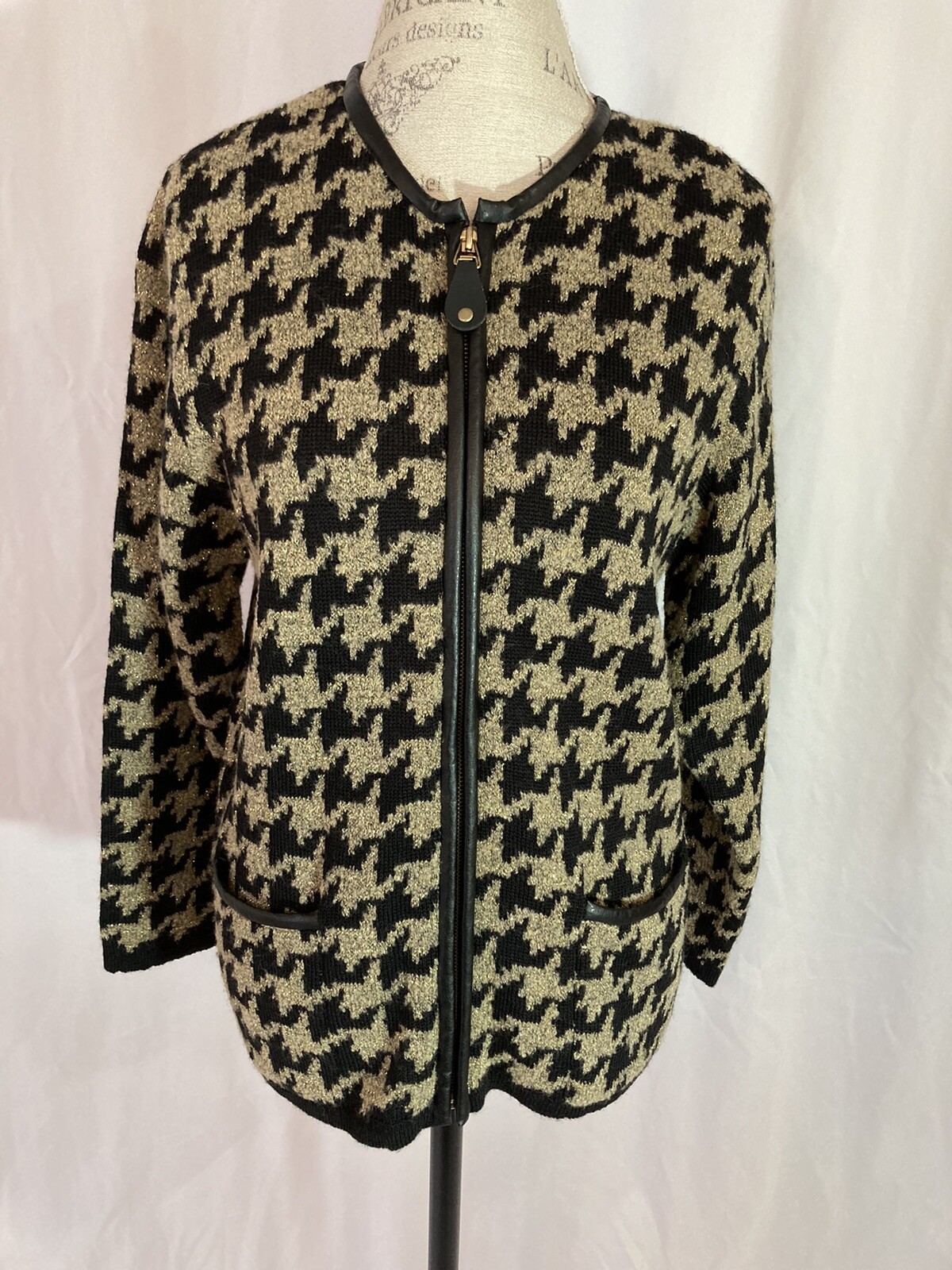 Vintage Rochelle California Women’s Sweater Jacket Zip Metallic Black Gold Sz PL