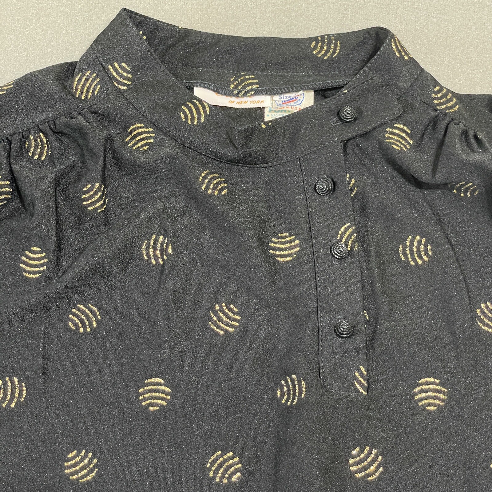 Vtg 70s Womens Dress Mod Semi Sheer Black Shift Cocktail Gold Dots Dressy Button