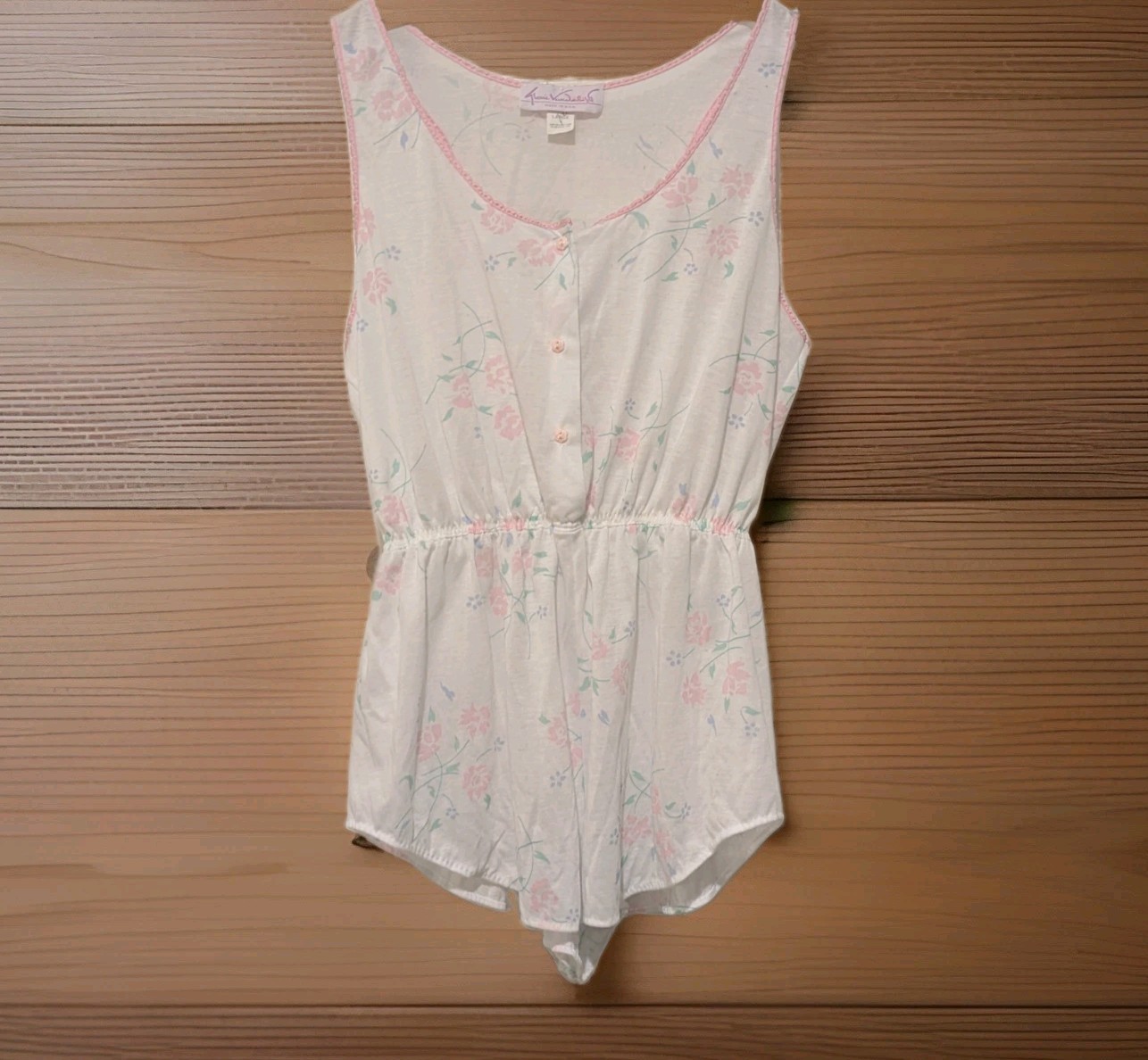 Vtg Gloria Vanderbilt Teddie, Romper, Nightie 80’s Sz L White, Pink Roses