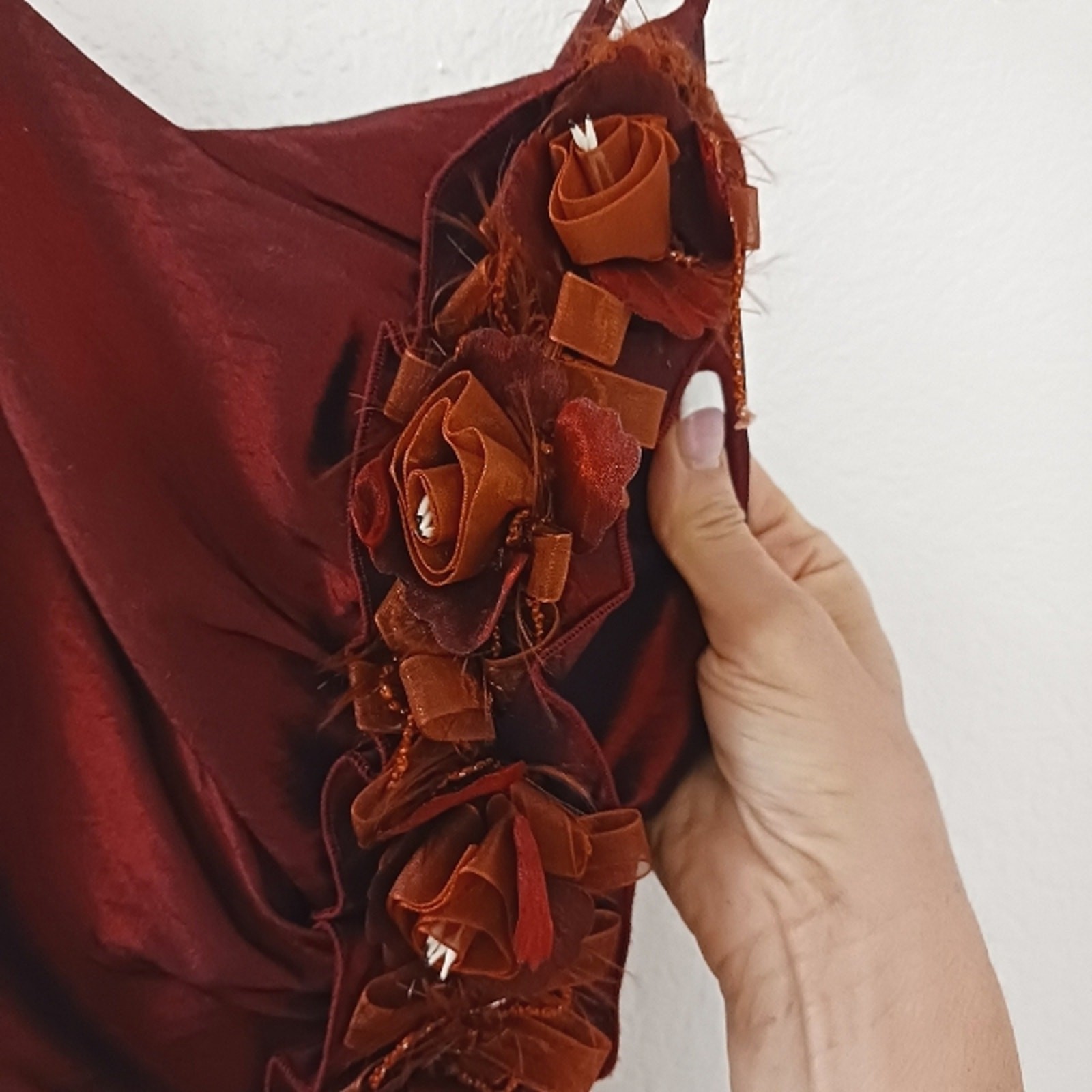Red Satin Formal Dress 3D Roses Gown XS Burgundy Red Wedding Prom Evening Party