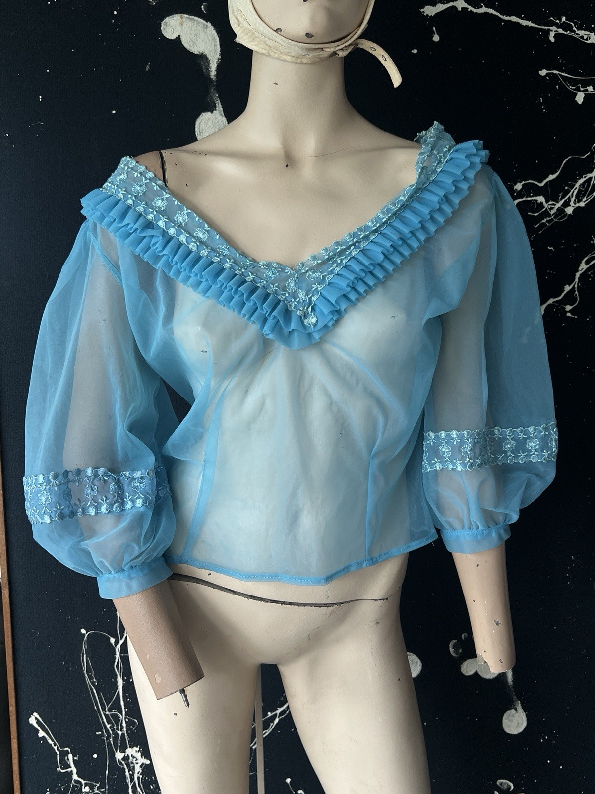 Vintage 50s 60s Sheer Blouse Frills Princess Lace Hollywood Mesh Glamour Deep