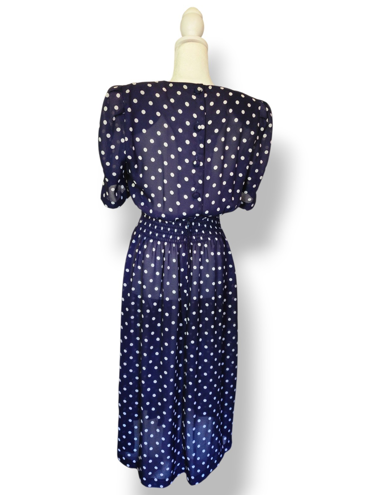90s VTG KARIN STEVENS Cottagecore Modest Petites Polka Dot Pleated Midi Sz P8