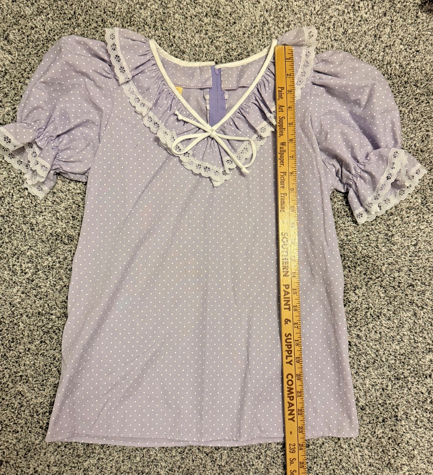 Vintage Malco Modes Partner’s Please Prairie Blouse Lavender Polka Dot USA 15/16