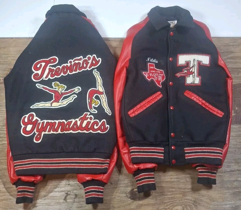 2 VTG DeLong Varsity Jackets Trinity Trojans Texas Gymnastics Sz XS Red Black