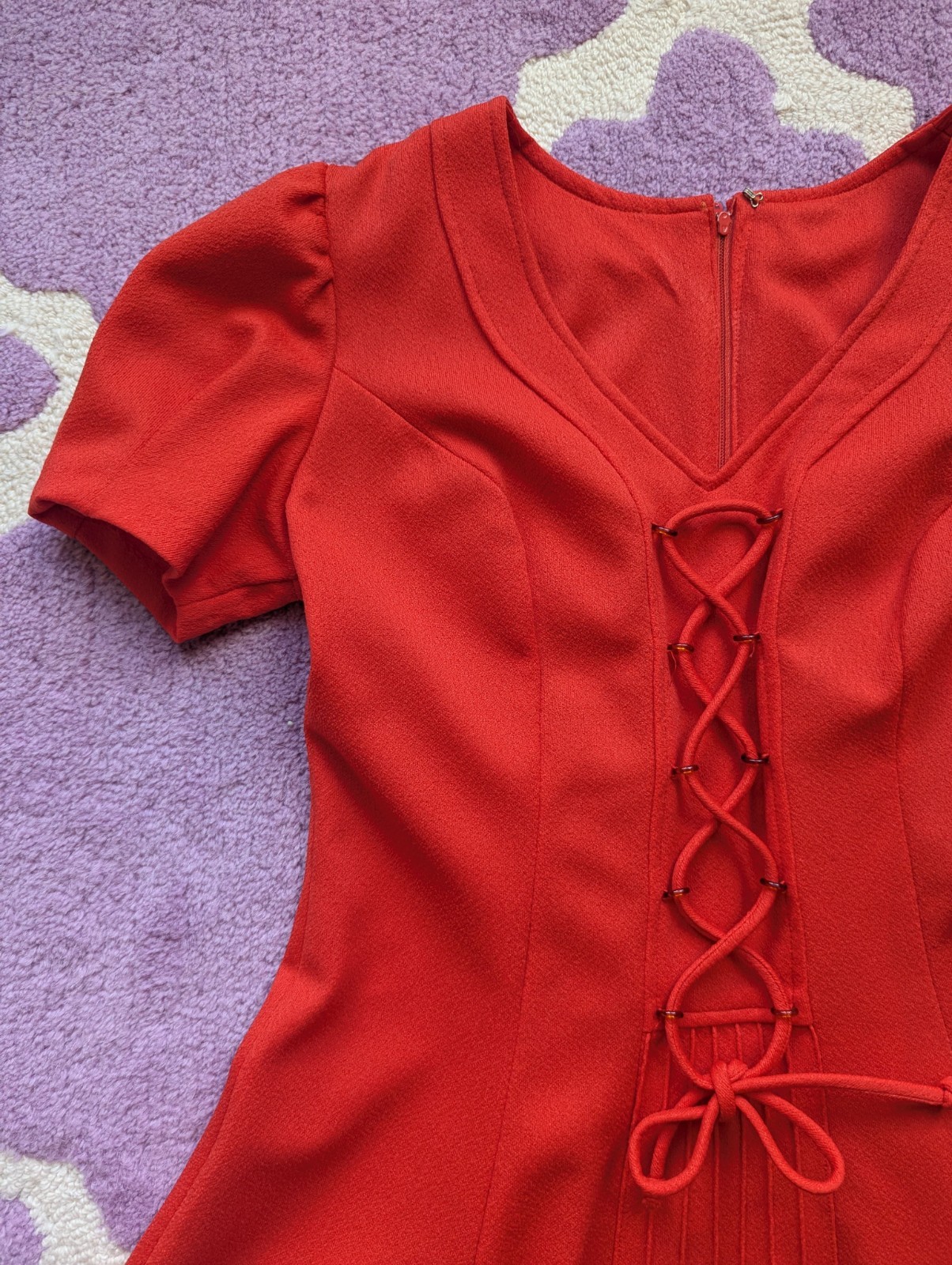 Vintage 70’s Lace Up Polyester Puff Sleeve Babydoll Mini Red Dress Size Small