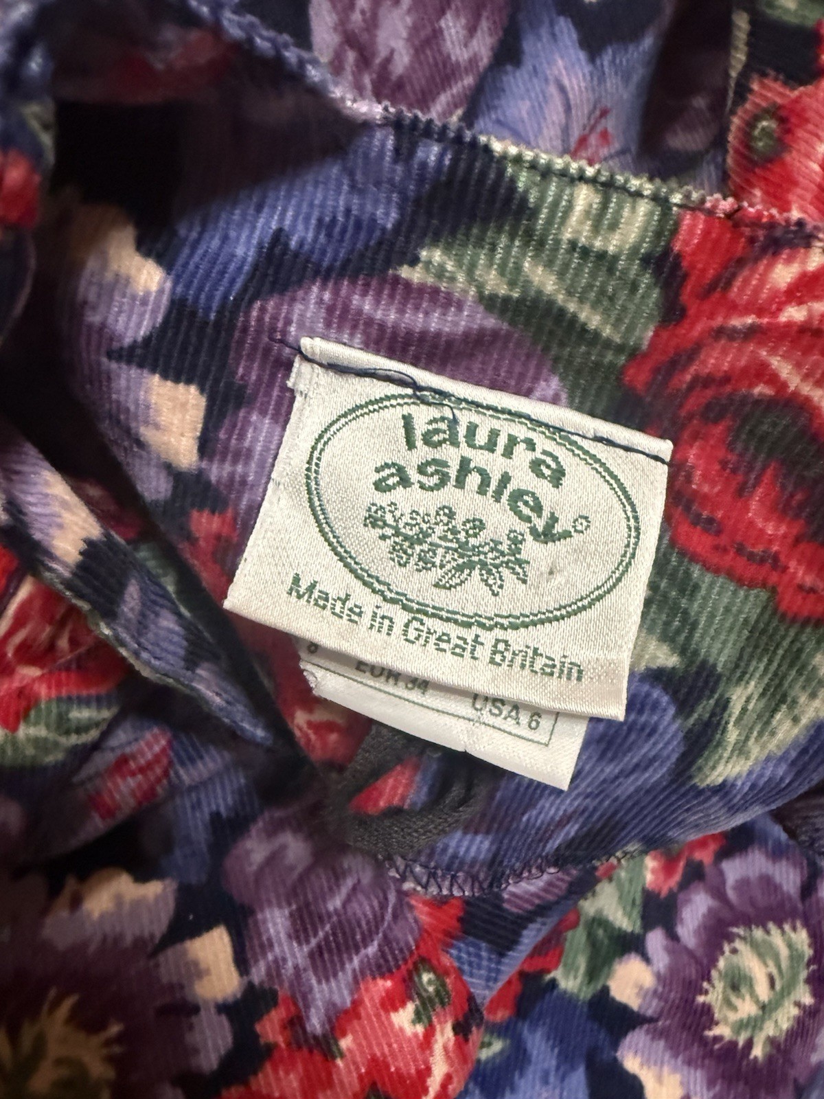 VTG 90s Laura Ashley Blue Red Purple Floral Puff Sleeve Corduroy Dress 6 (S)