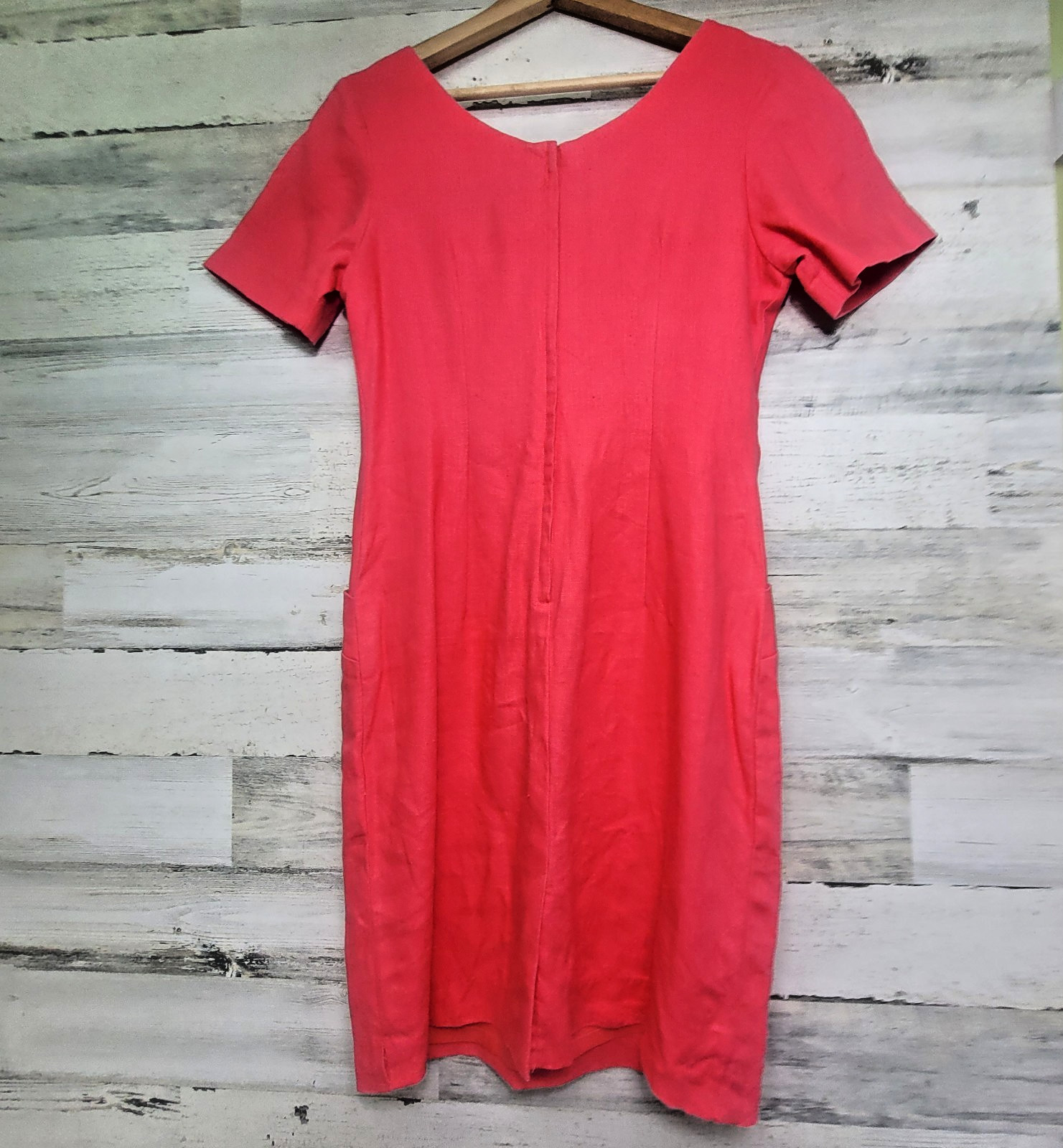 Vintage 90s Ellen Ashley Pink Linen Sheath Dress Pockets Lined Size 4