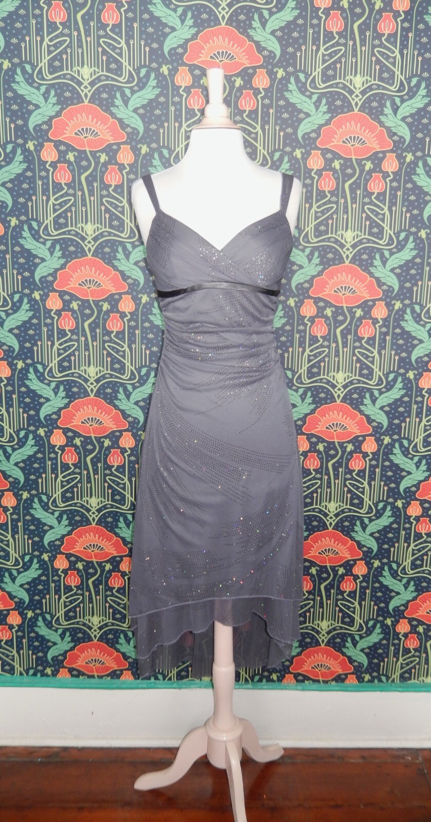 Vintage Y2K Gray Silver Glitter Mesh Asymmetrical Hem Party Dress