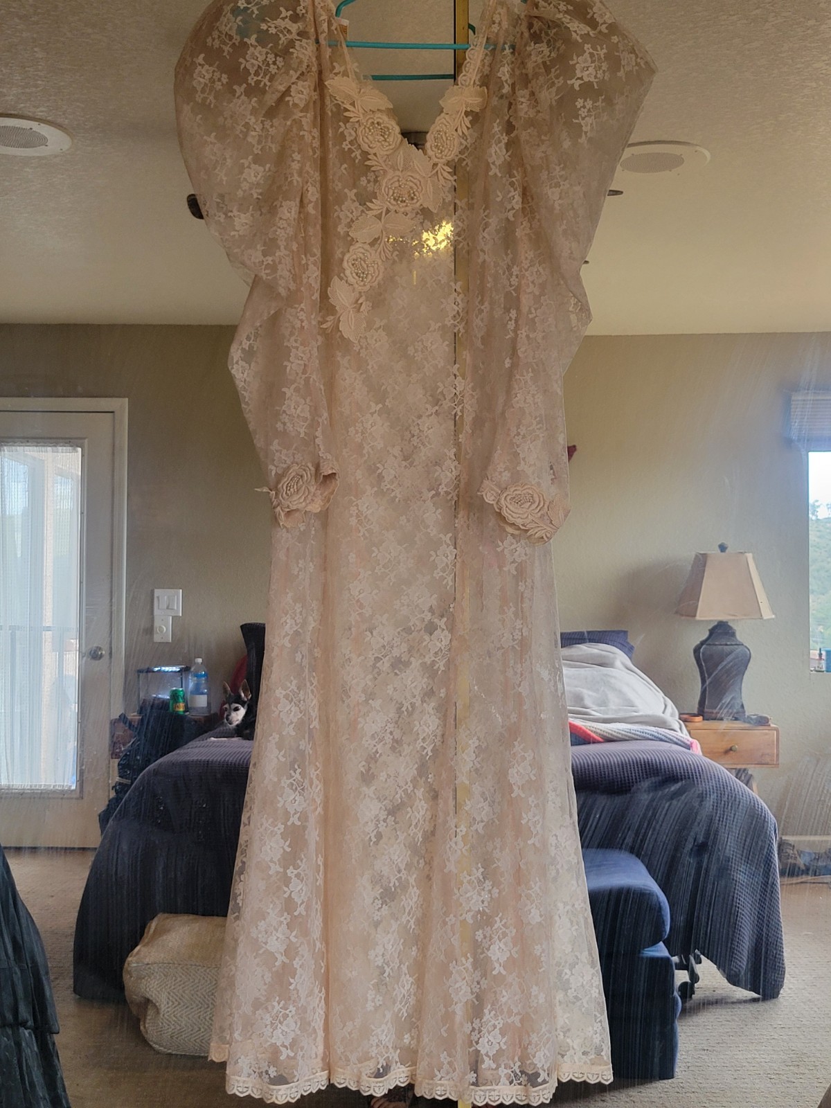 VINTAGE 1970S LORRIE KABALA SHEER NUDE LACE WEDDING DRESS Size XS BEAUTIFUL