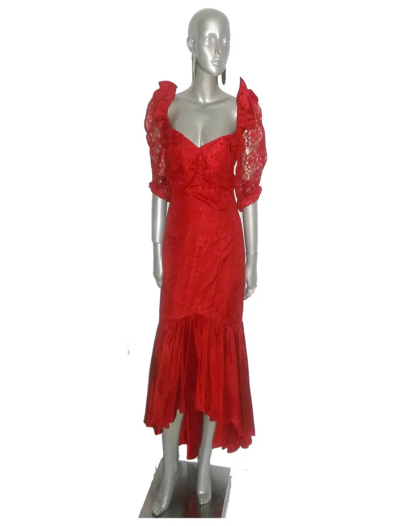 VTG Red Bridals Originals ILGWU High Low Lace Taffeta Multi-functional Dress 10