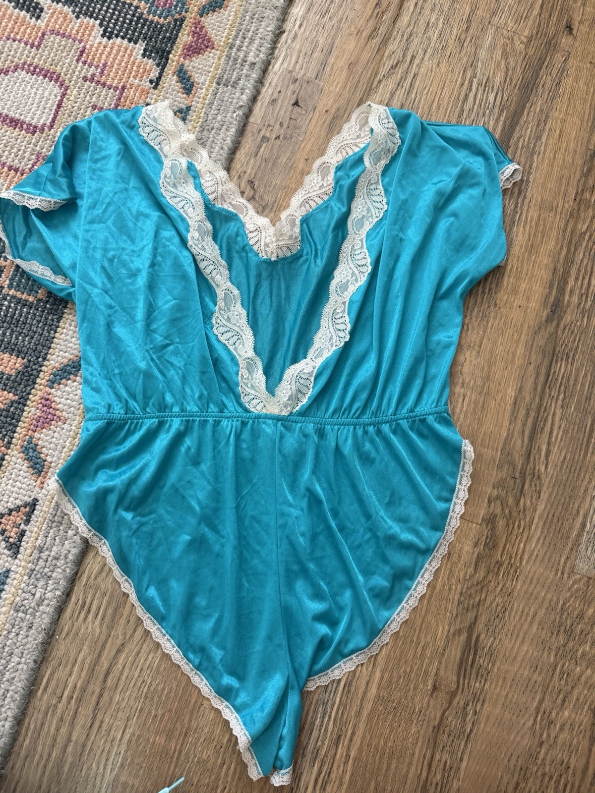 Vintage Teal Nylon Playsuit Teddy Romper Size Medium Large Nightie Lingerie