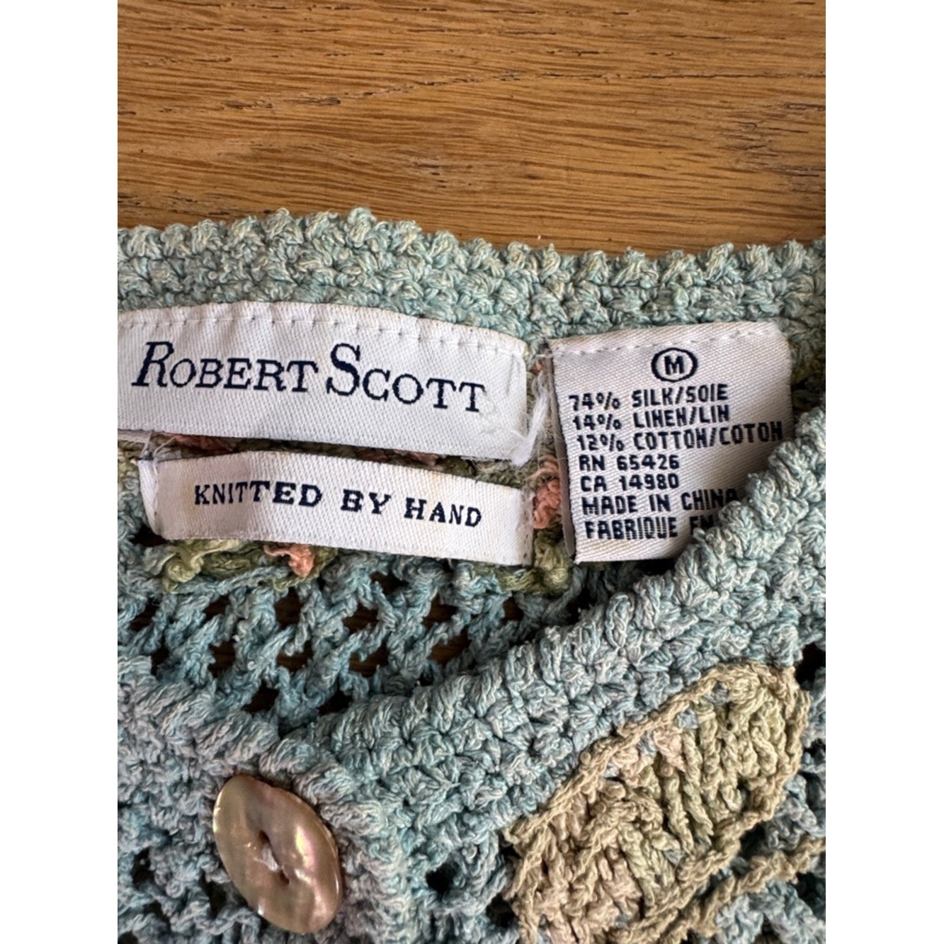 Robert Scott vintage crochet light blue floral cardigan sweater mother of pearl