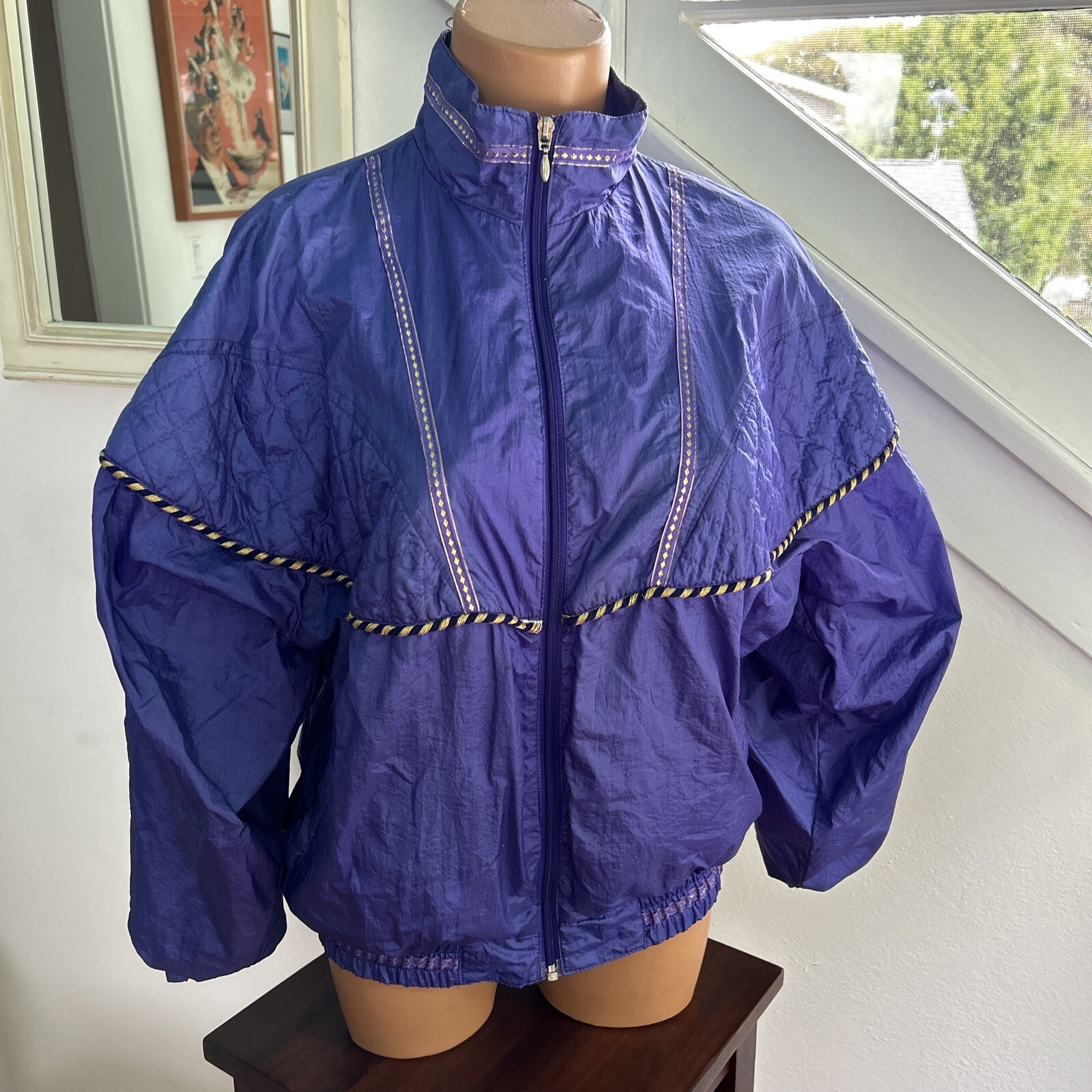 VTG 80s Windbreaker Tracksuit Jacket – Just For Petites Small-Purple Gold Quilt