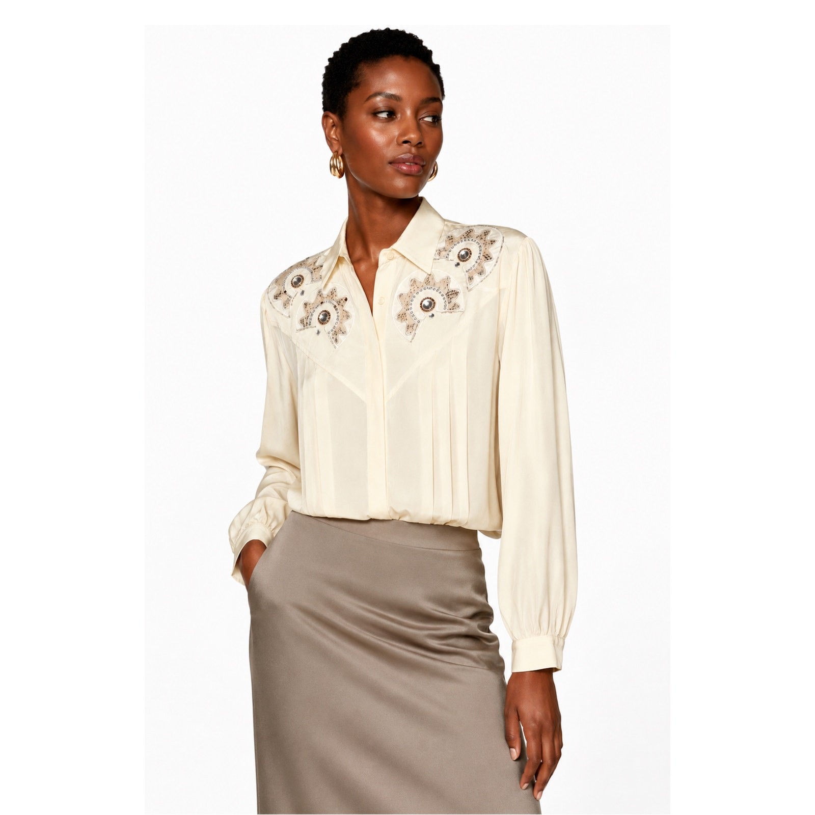 Vintage 80s Ivory Silk Tuxedo Blouse Beaded Rhinestone Appliqué Hidden Placket