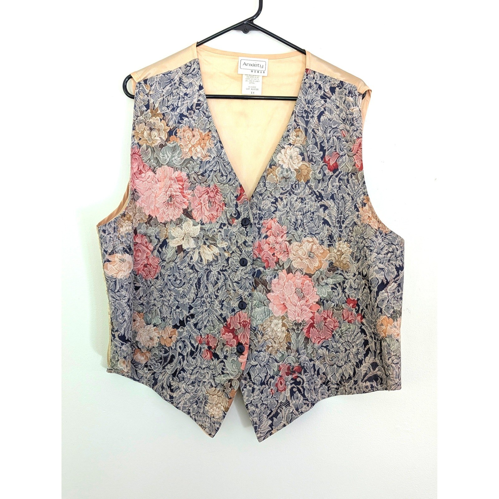 Vintage Floral Tapestry Vest 1X Blue Pink Cottagecore Grandmacore USA Made
