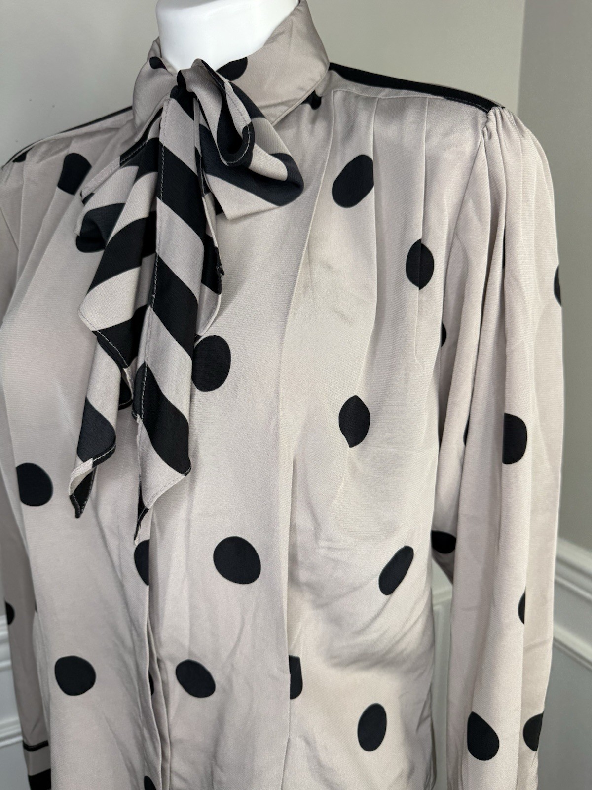 Vintage Stuart Lang Flowy Button Down Blouse Polka Dot Detachable Scarf Sz 12 L
