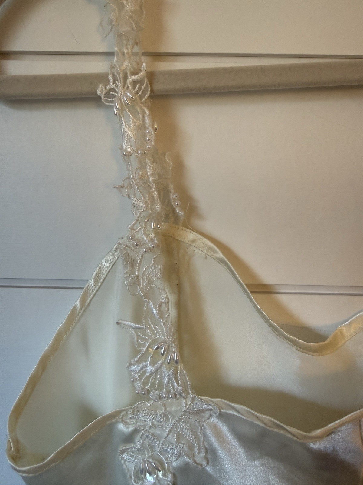 Ivory Satin Lace Slip Regular Size Pearl Lace Straps Sleepwear Lingere