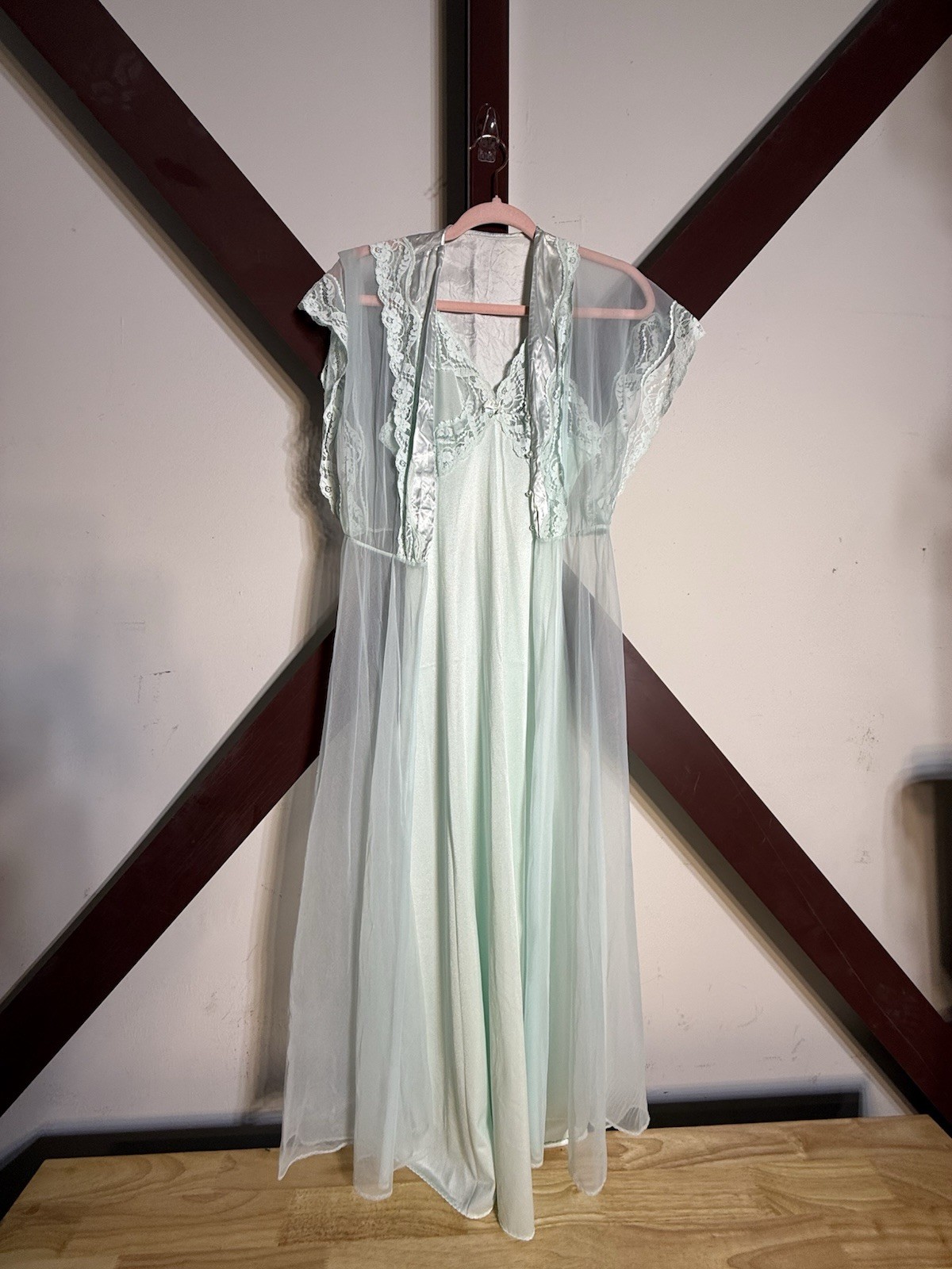 2pc 60s Vintage Nightgown PEIGNOIR Robe Set BABYDOLL Sheer CHIFFON Gown S/M Blue