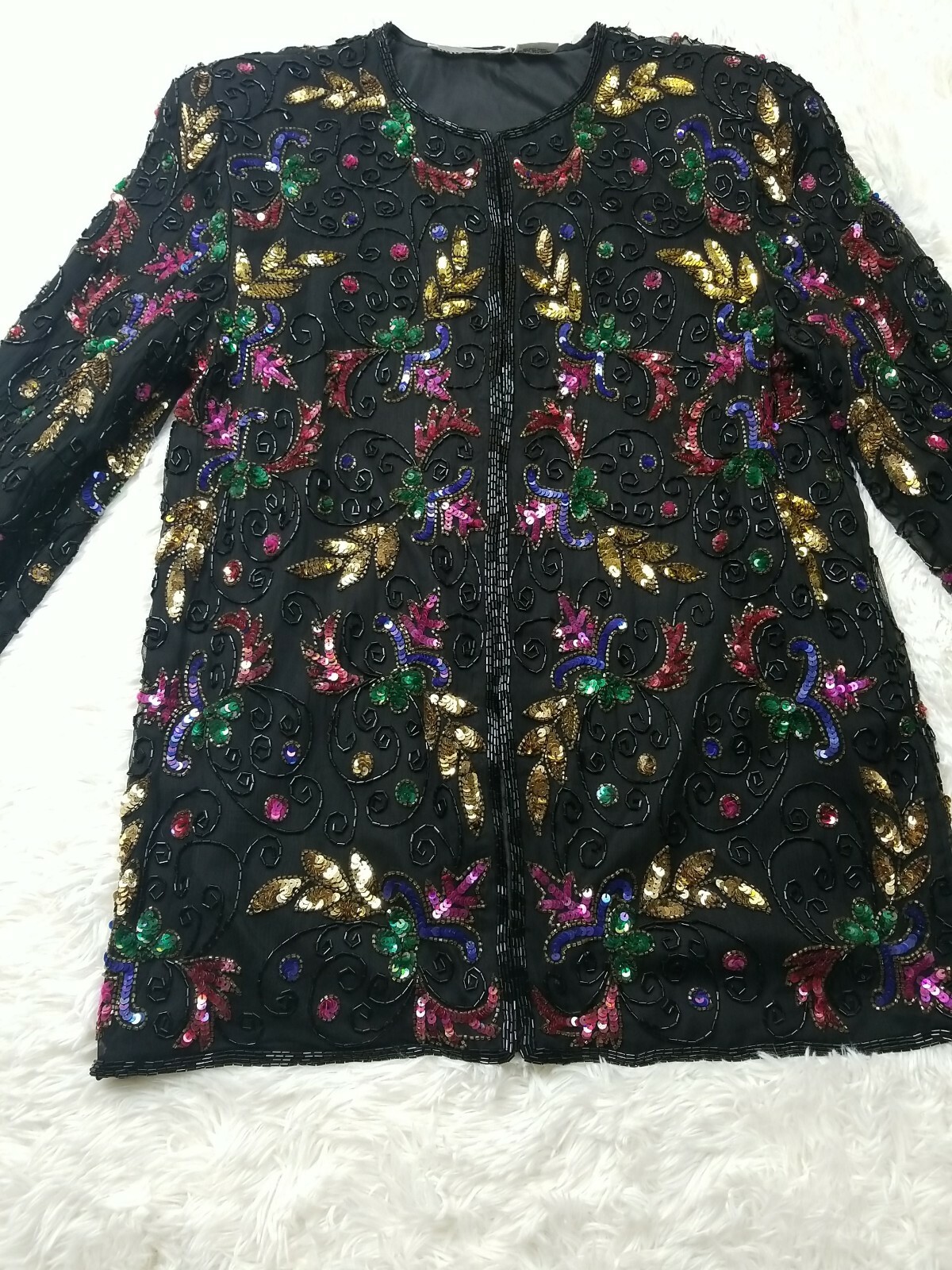 Night Vogue Vintage Colorful Silk Sequin Beaded Jacket Sz L