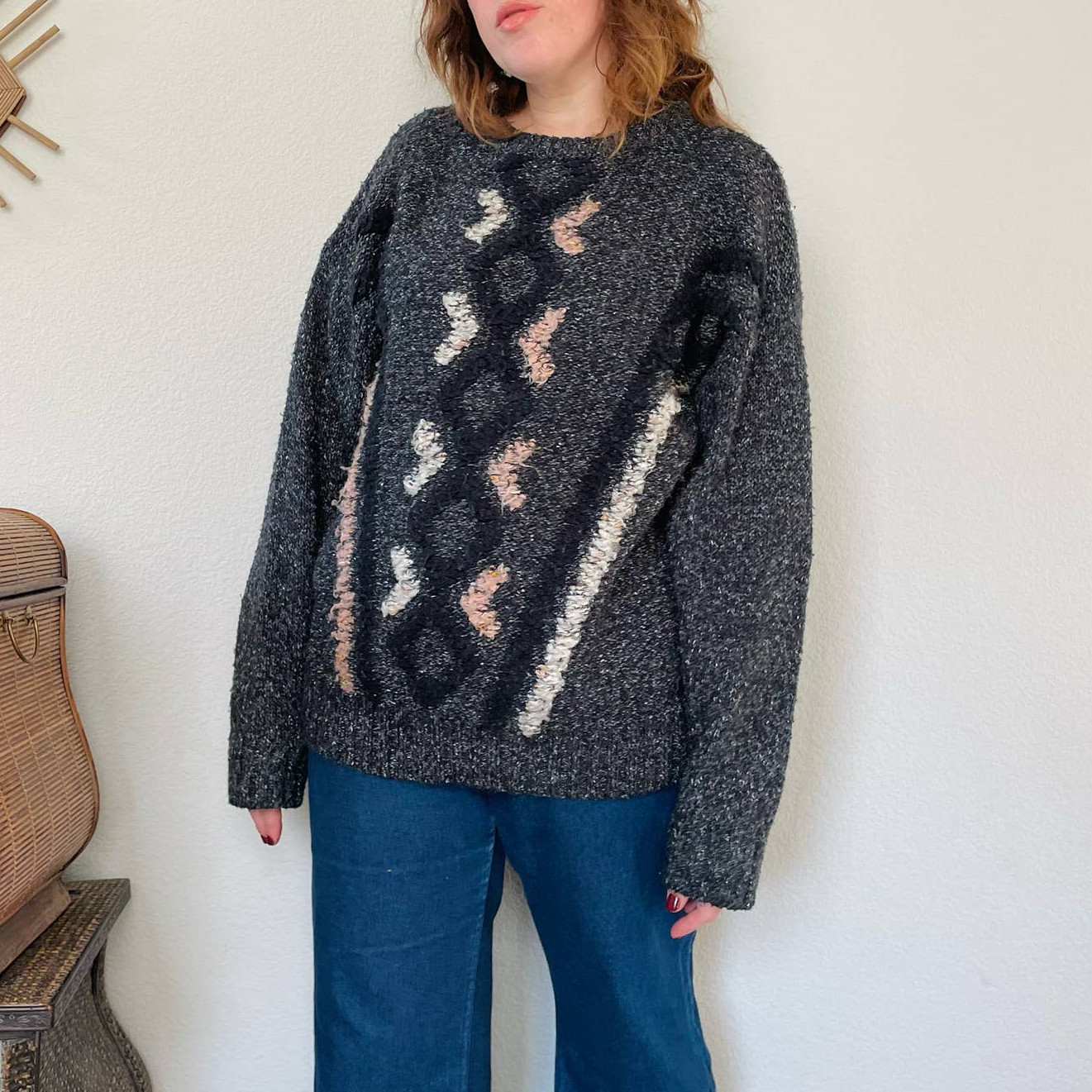 Vintage 80s 90s textured tribal boho sweater cozy oversized gray black pink L-XL