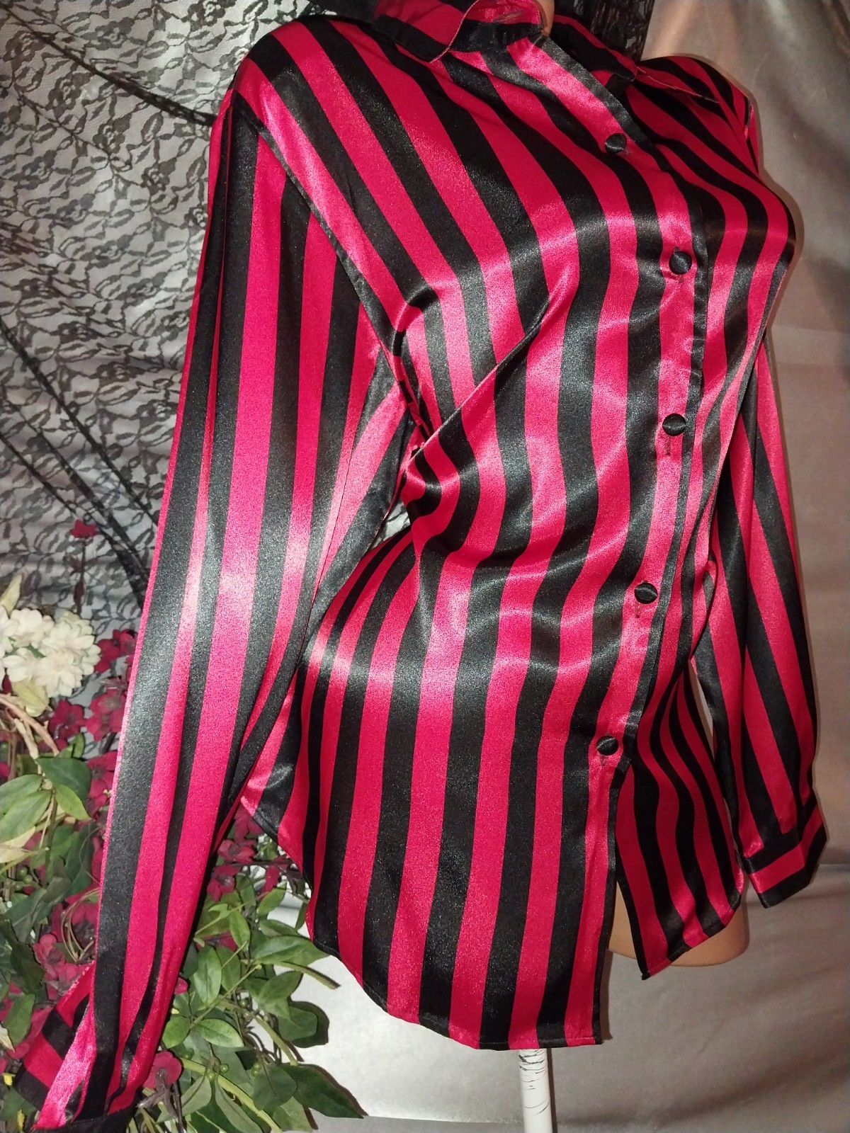 VTG SATIN SHINY NEW SZ 14 BUTTON UP NOTCH BLOUSE CHRISTIE JILL 42″ LUX