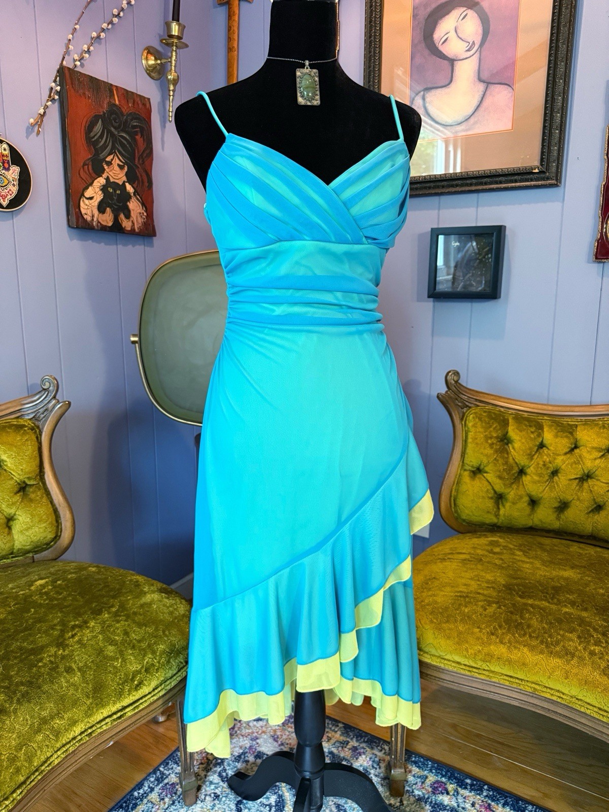 Vtg Y2K City Triangles Turquoise And Green Asymmetrical Spaghetti Strap Dress L